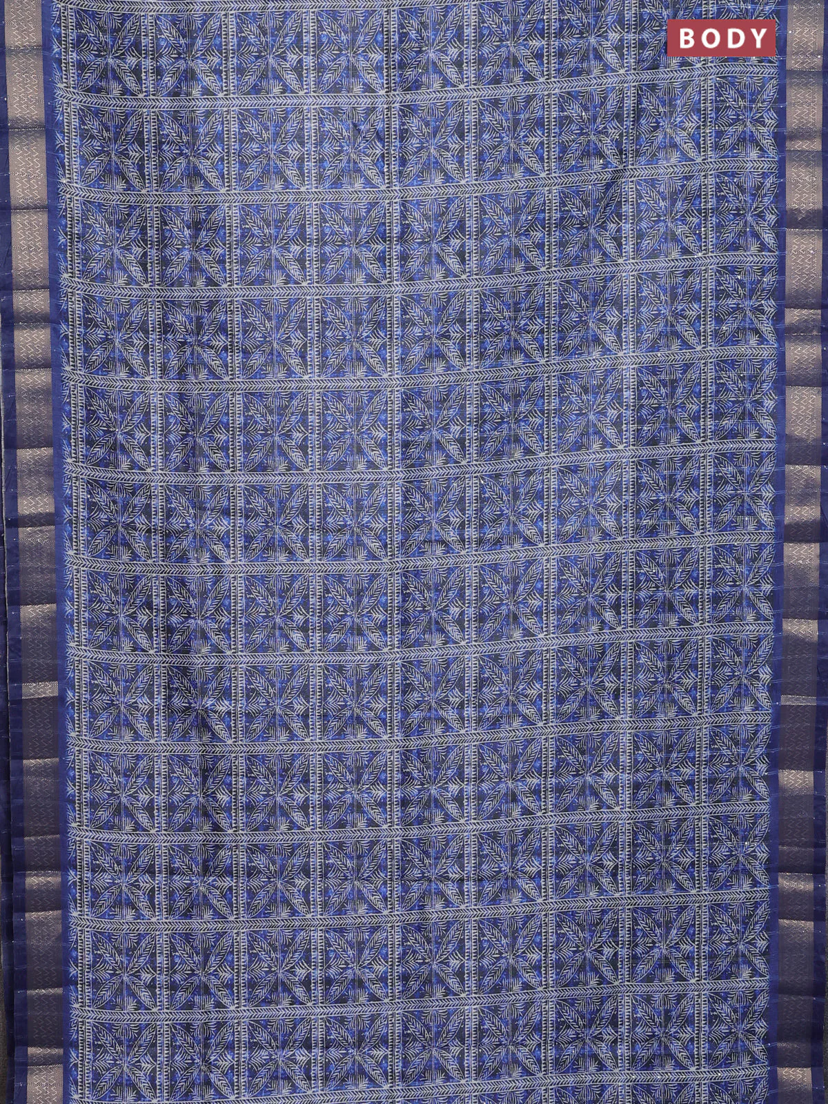 Semi tussar saree blue and grey with allover leaf prints & sequin work and zari woven border - Image 2