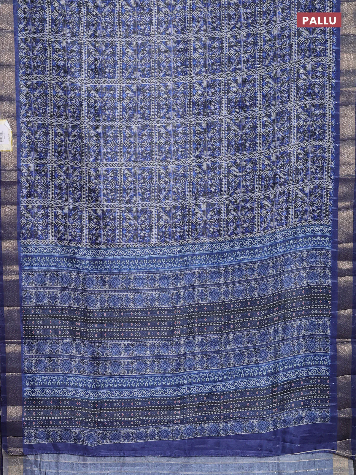 Semi tussar saree blue and grey with allover leaf prints & sequin work and zari woven border - Image 3