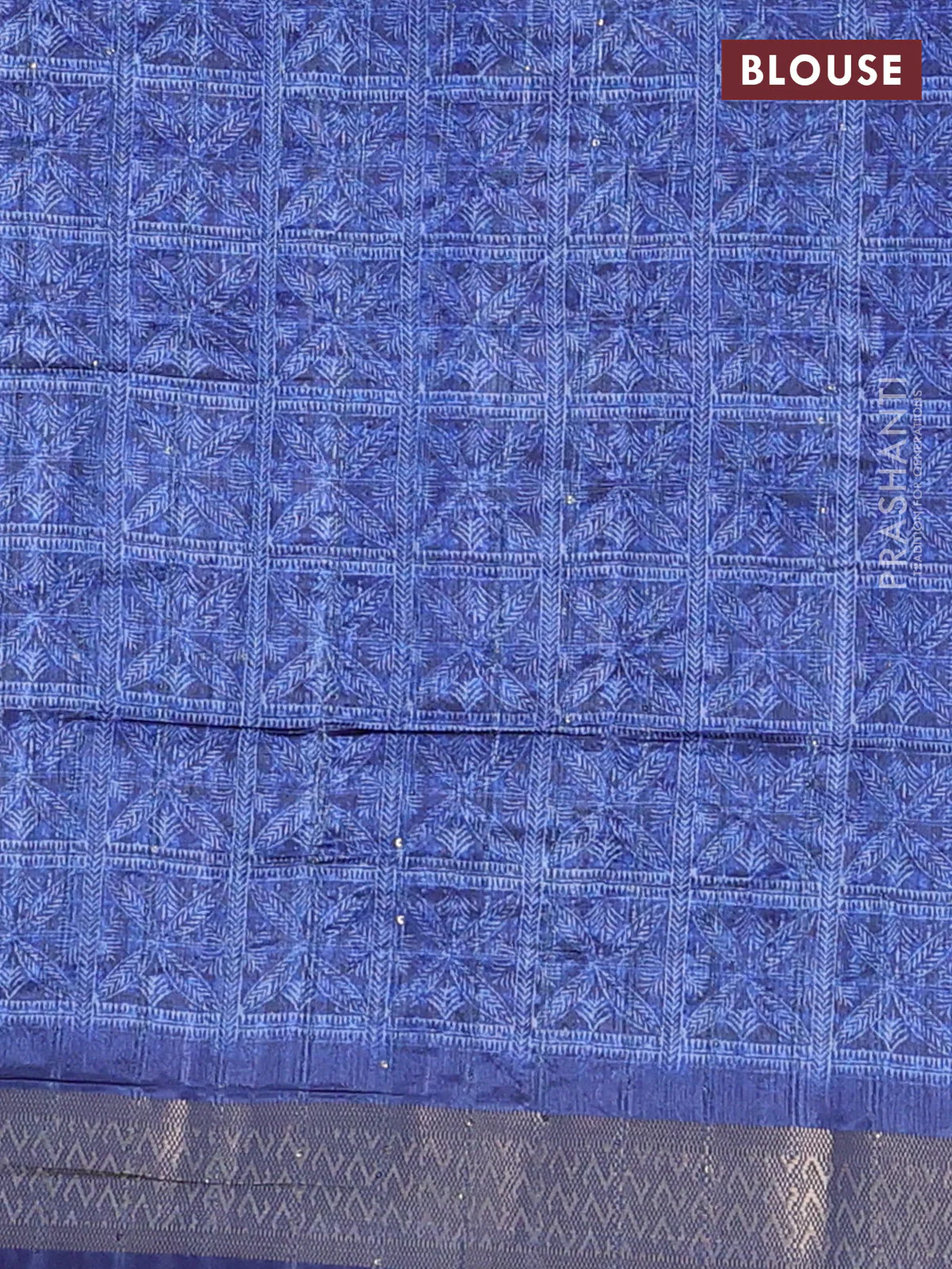 Semi tussar saree blue and grey with allover leaf prints & sequin work and zari woven border - Image 4