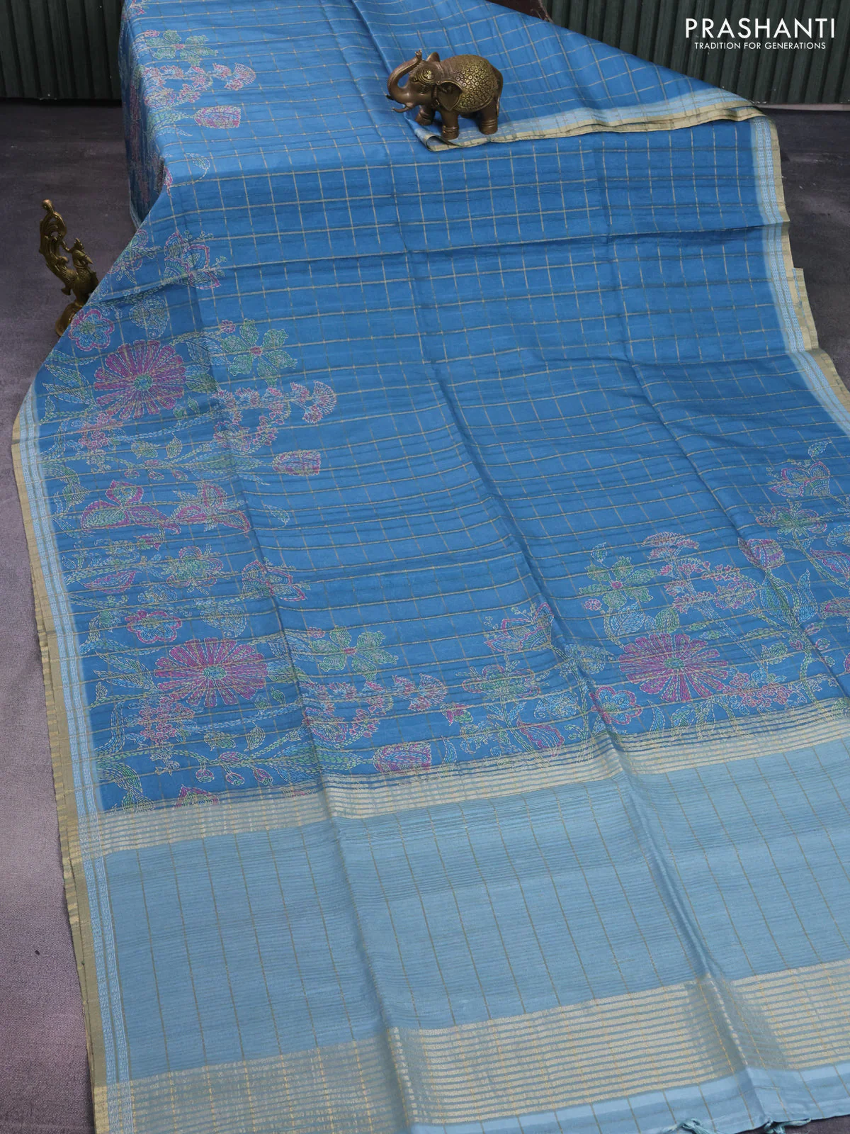 Semi tussar saree blue and pastel blue with allover zari checks & digital prints and zari woven border - Image 2