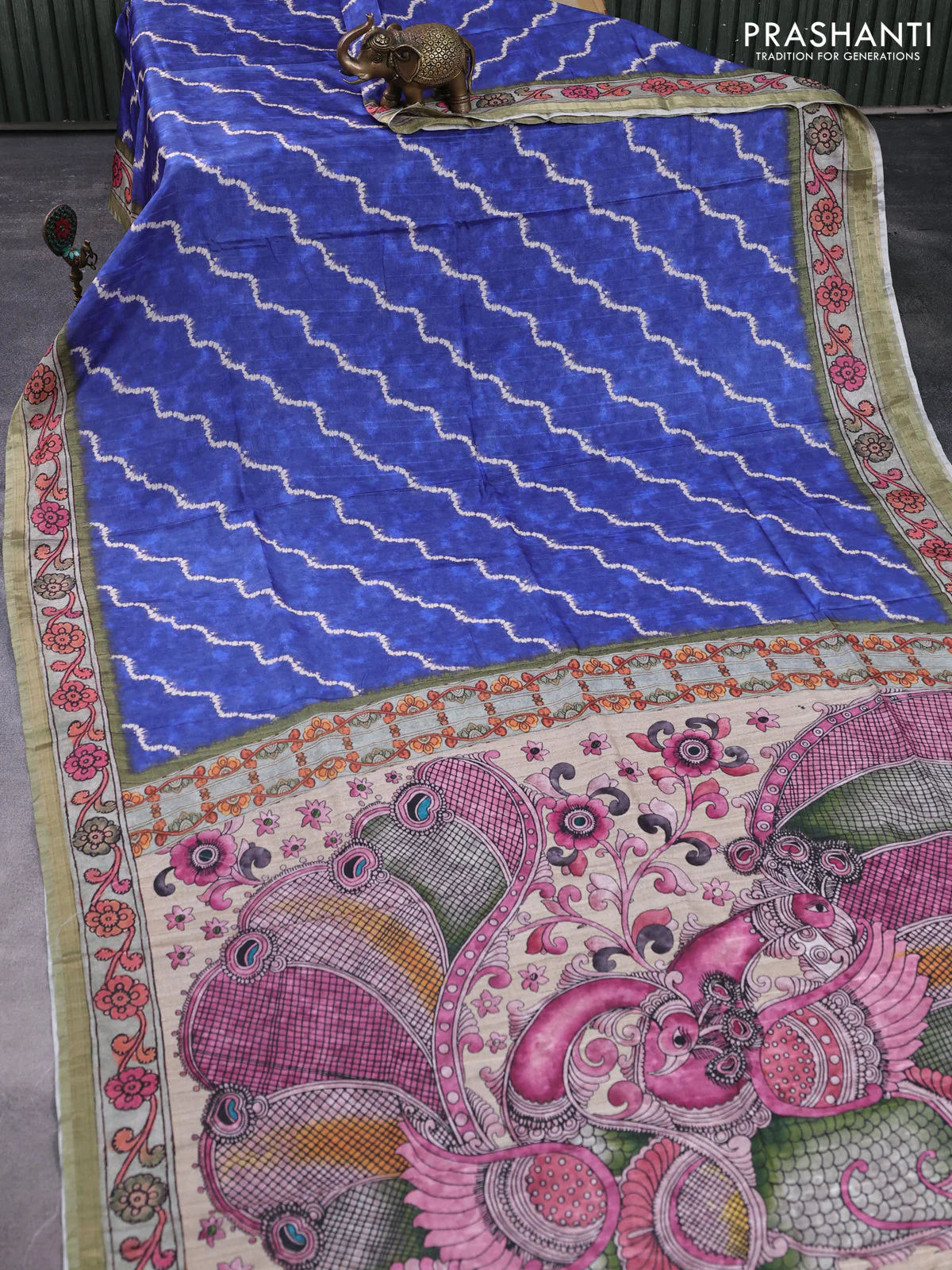 Semi tussar saree blue and pastel green with allover shibori prints and kalamkari pallu & zari border - Image 2