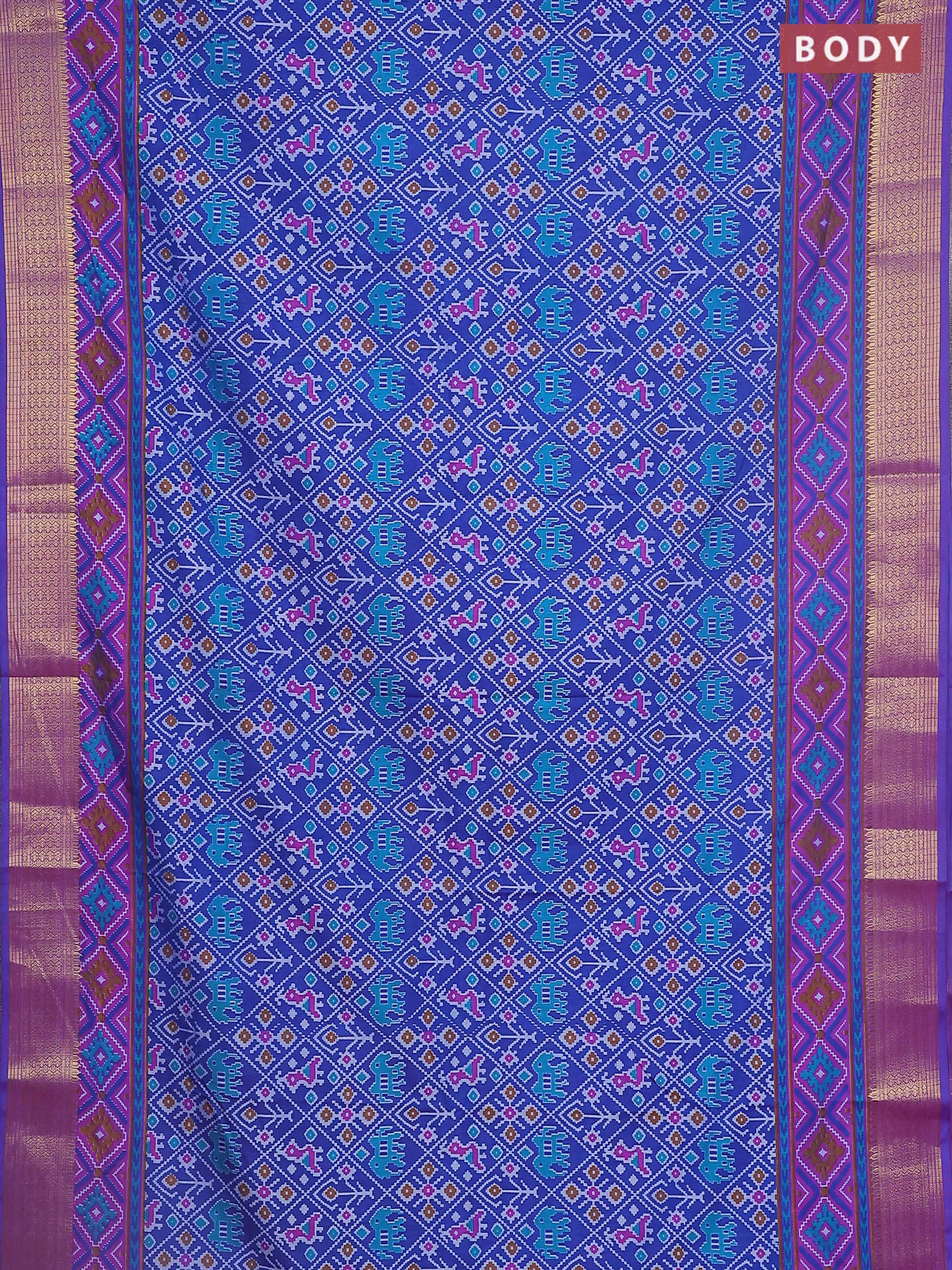 Semi tussar saree blue and purple with allover ikat prints and zari woven border - Image 2