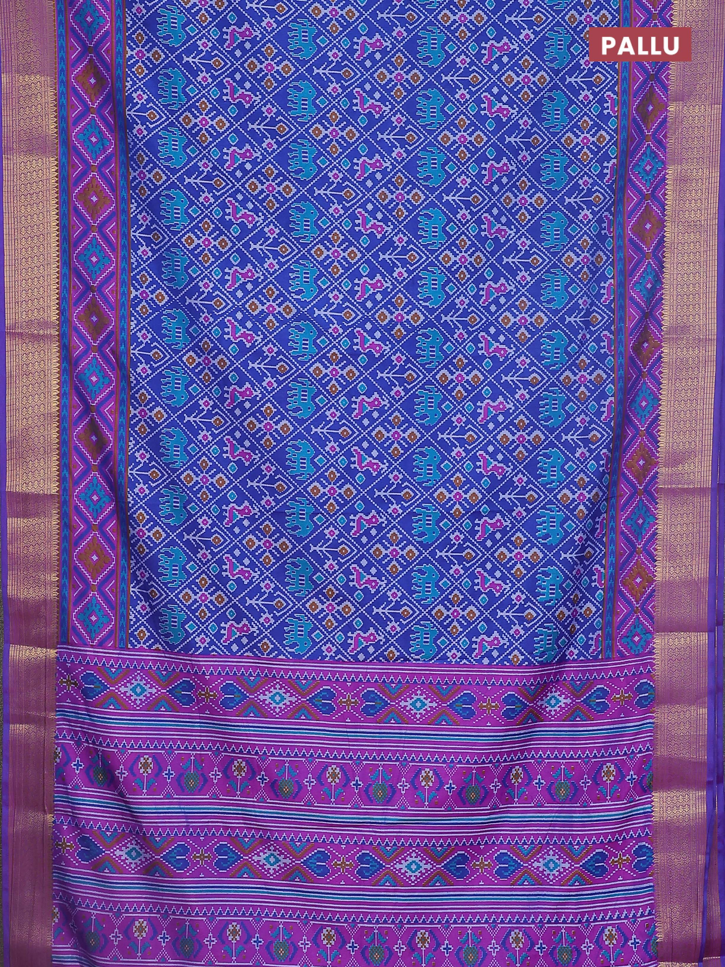 Semi tussar saree blue and purple with allover ikat prints and zari woven border - Image 3
