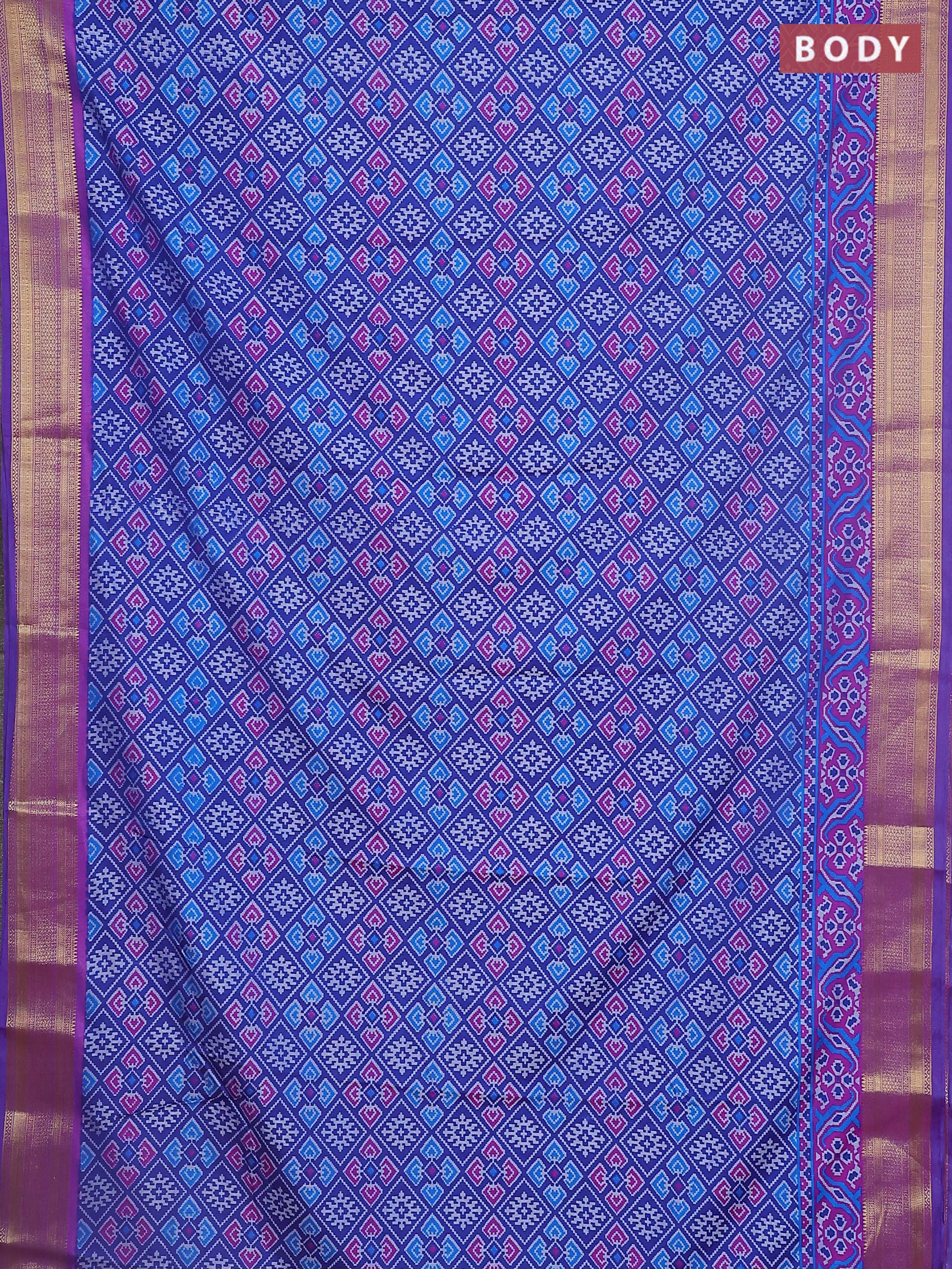 Semi tussar saree blue and purple with allover ikat prints and zari woven border - Image 2