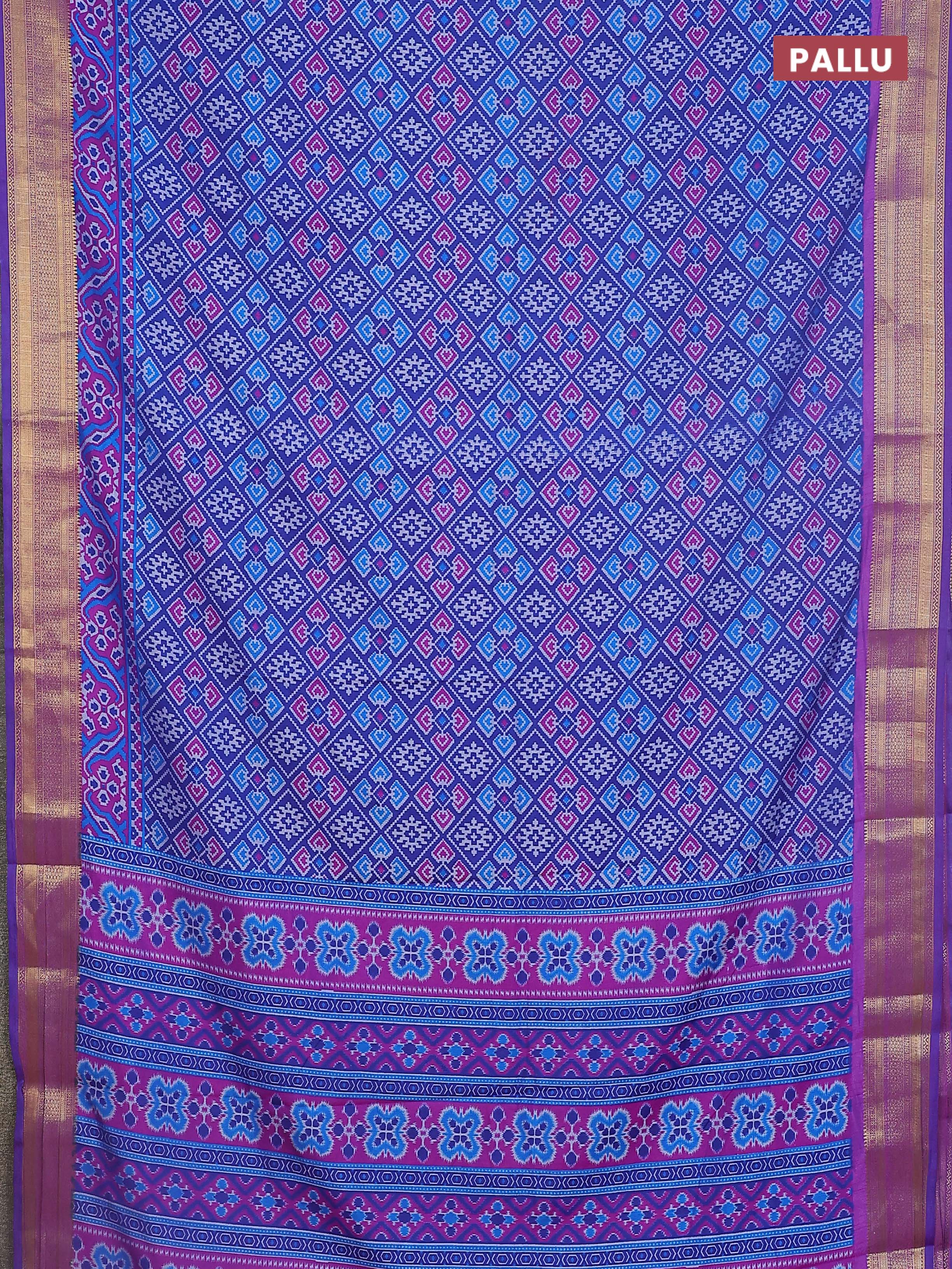 Semi tussar saree blue and purple with allover ikat prints and zari woven border - Image 3