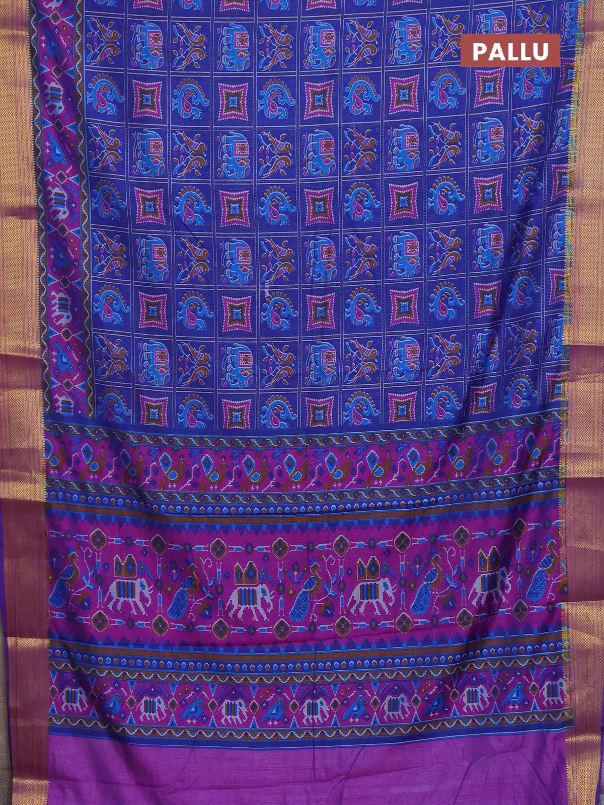 Semi tussar saree blue and purple with allover ikat prints and zari woven border - Image 3