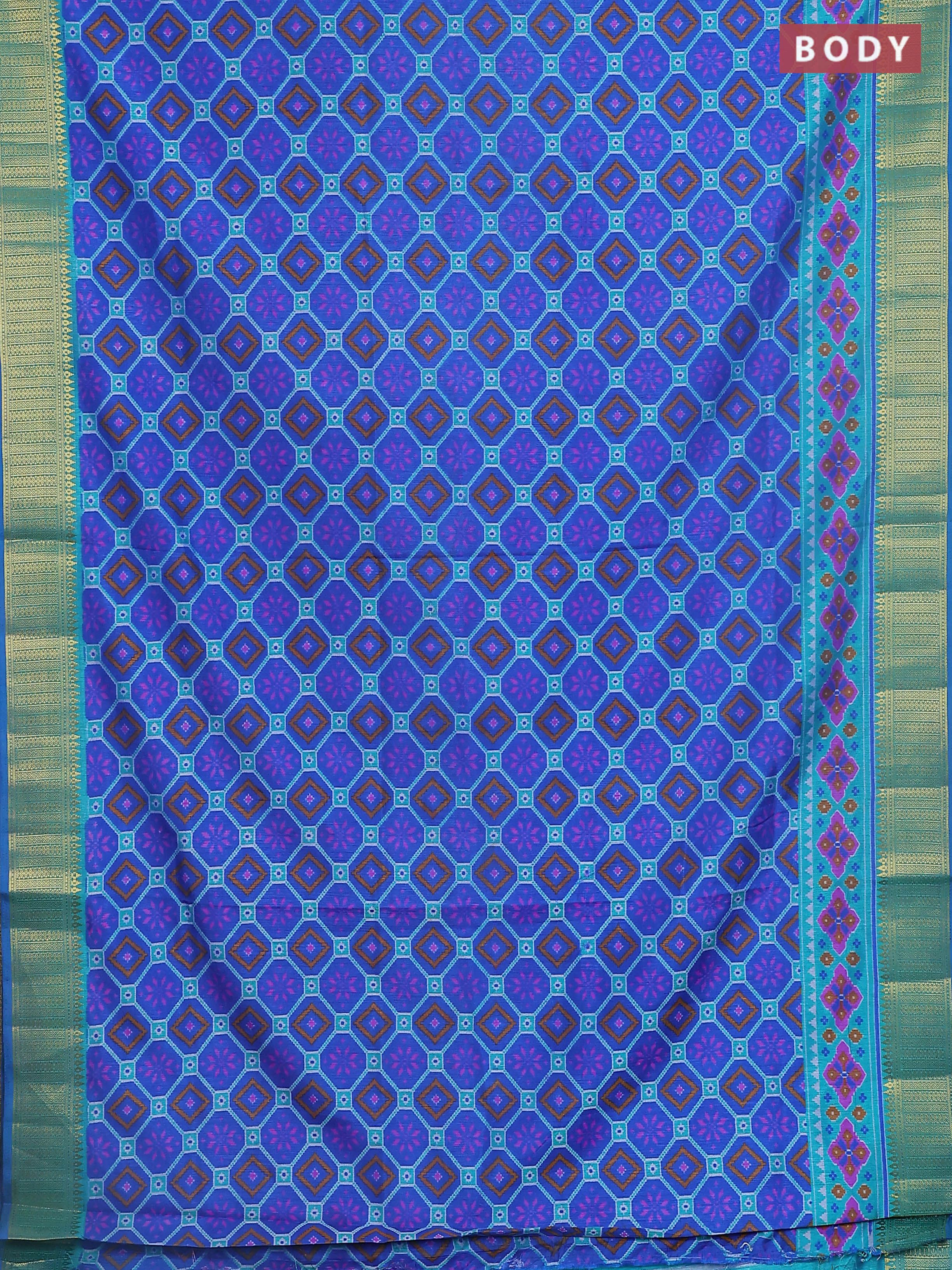 Semi tussar saree blue and teal shade with allover ikat prints and zari woven border - Image 2