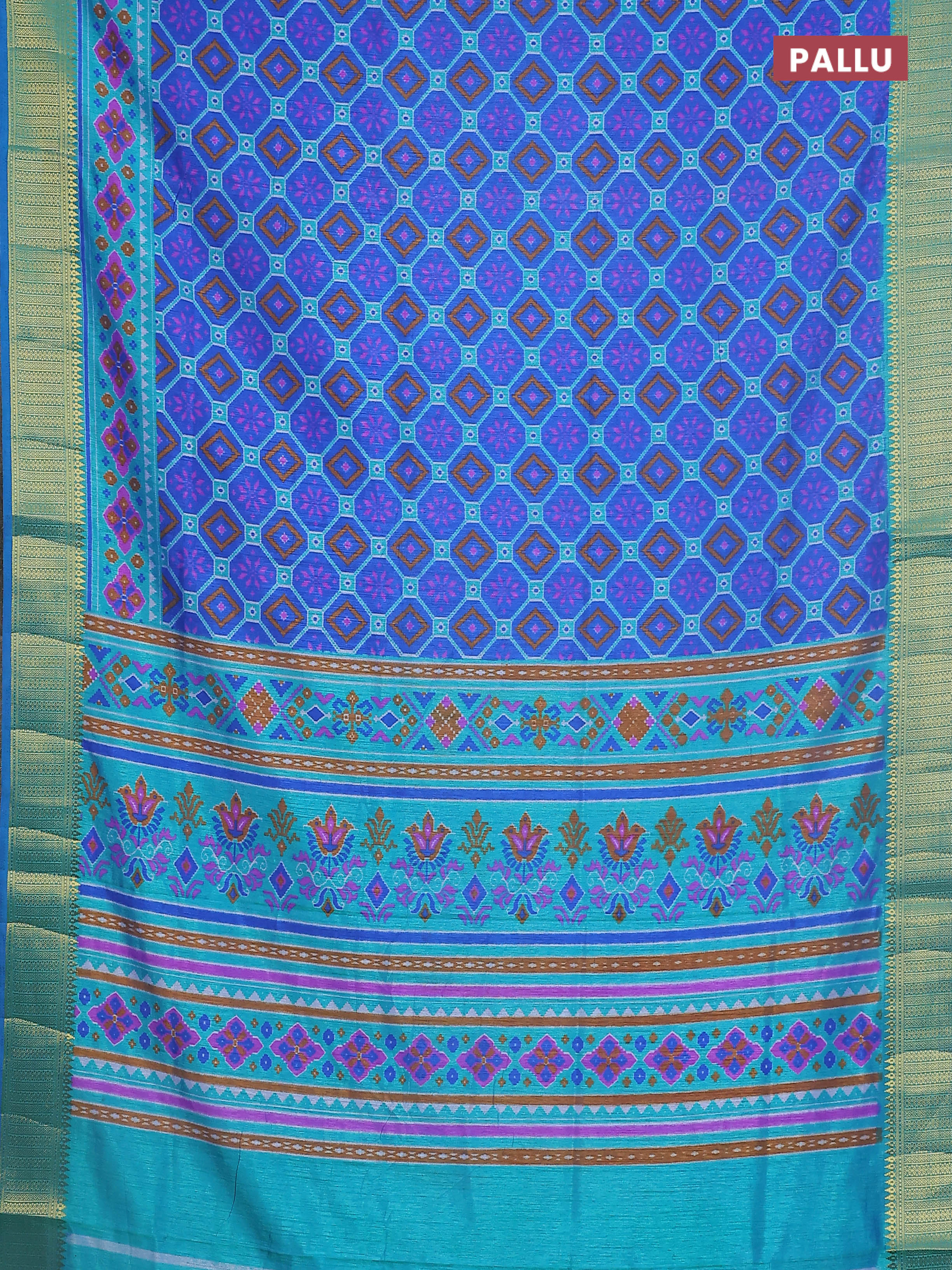 Semi tussar saree blue and teal shade with allover ikat prints and zari woven border - Image 3