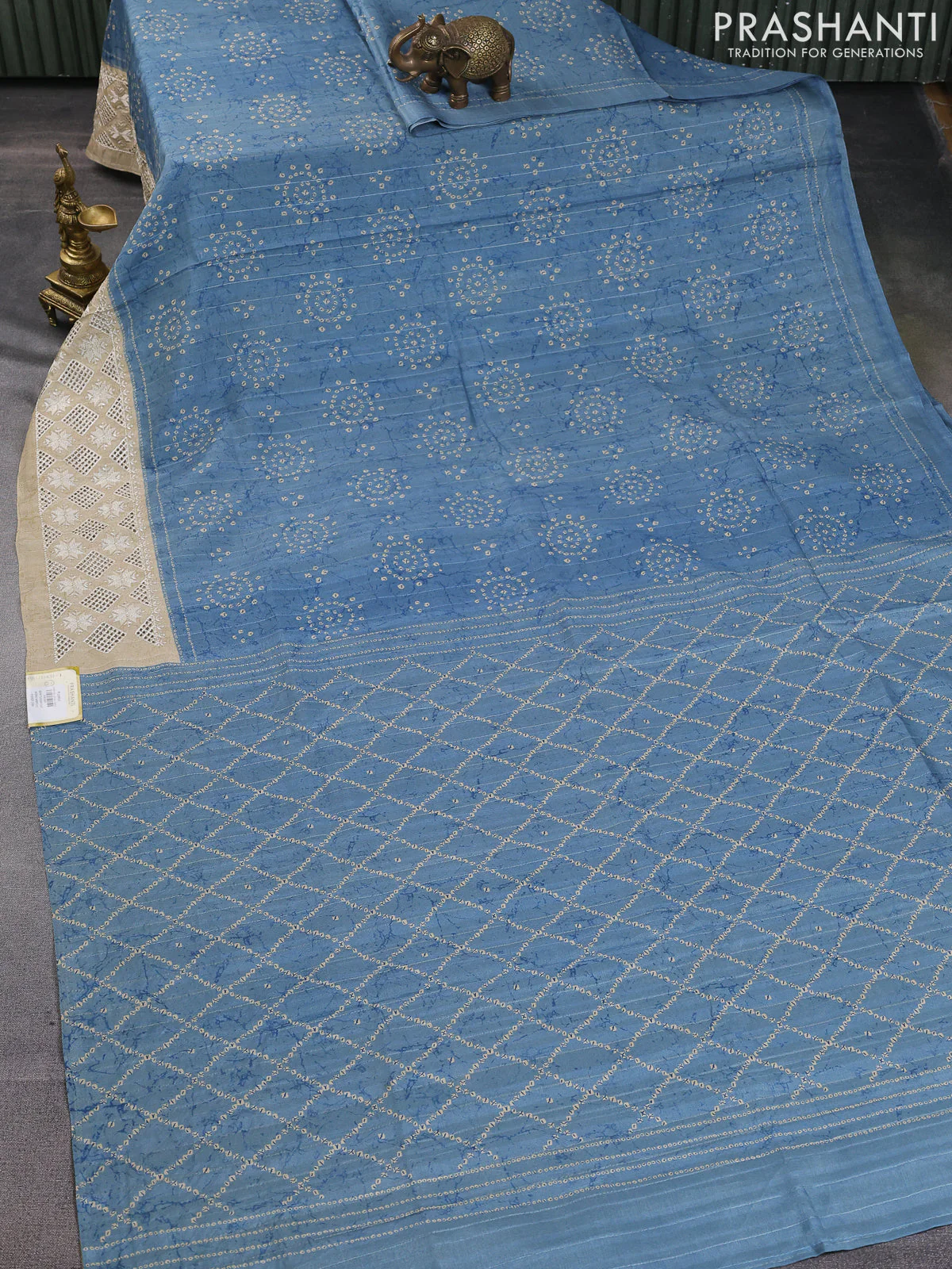 Semi tussar saree blue shade and beige with allover bandhani prints and embroidery cut work border - Image 2