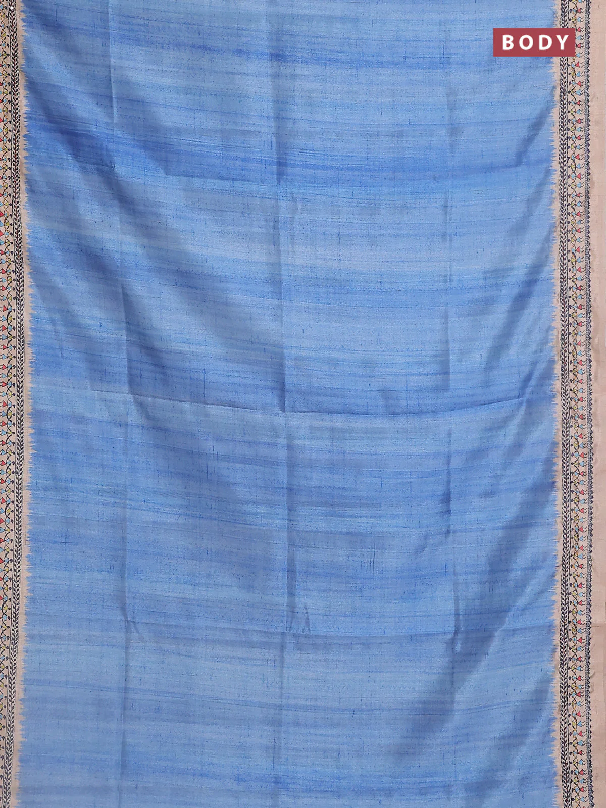 Semi tussar saree blue shade and beige with plain body and warli prints kantha stitch work border - Image 2
