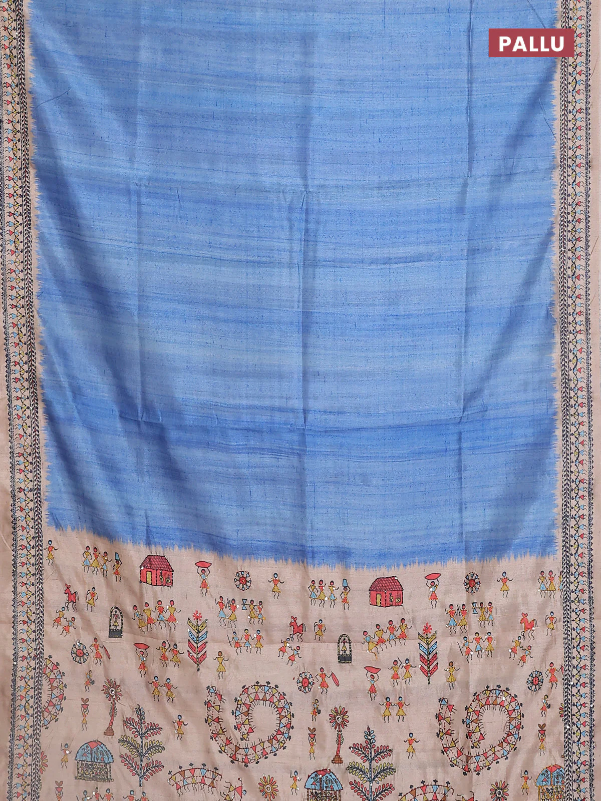 Semi tussar saree blue shade and beige with plain body and warli prints kantha stitch work border - Image 3