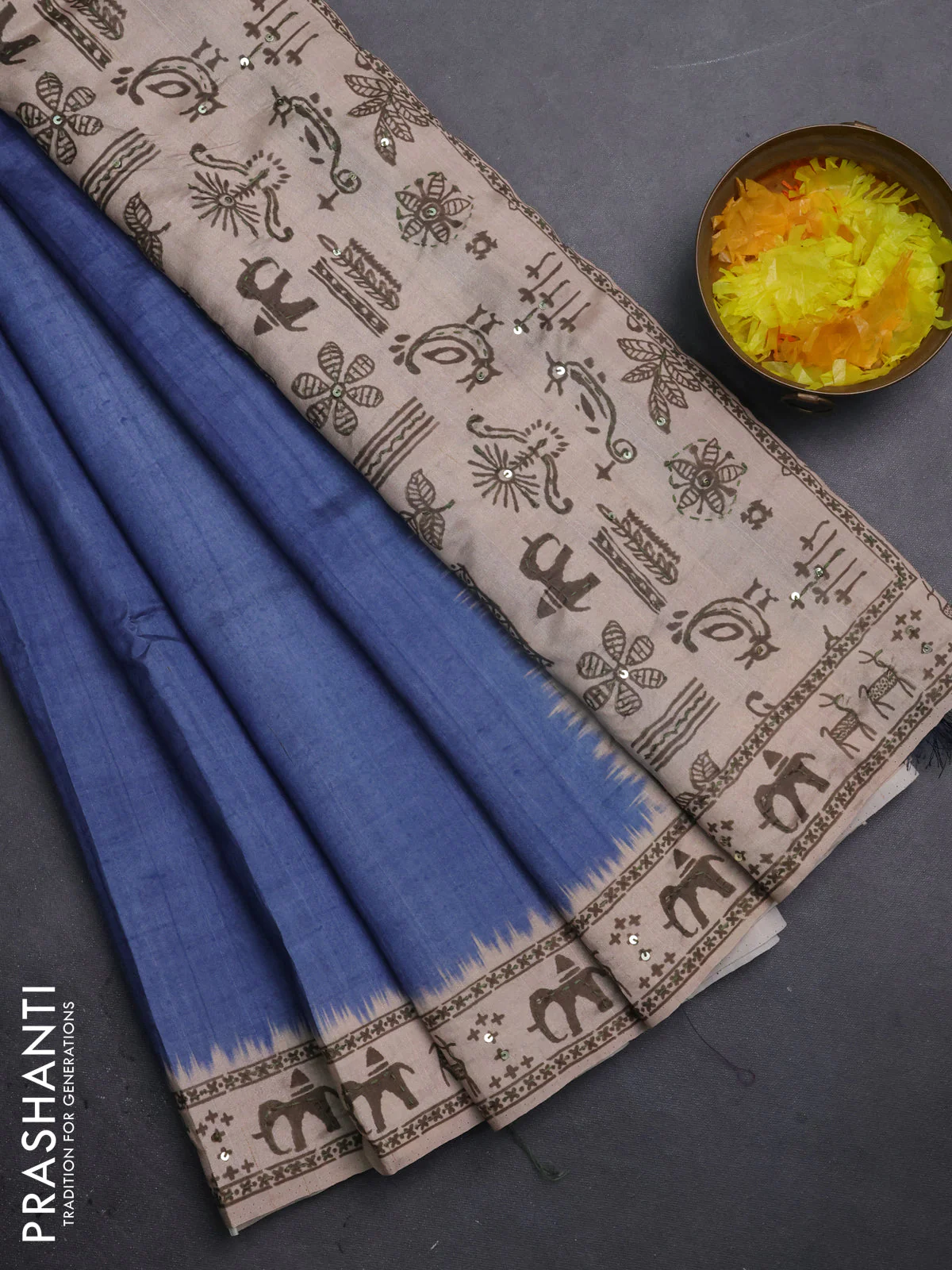 Semi tussar saree blue shade and beige with plain body and warli prints kantha stitch work border