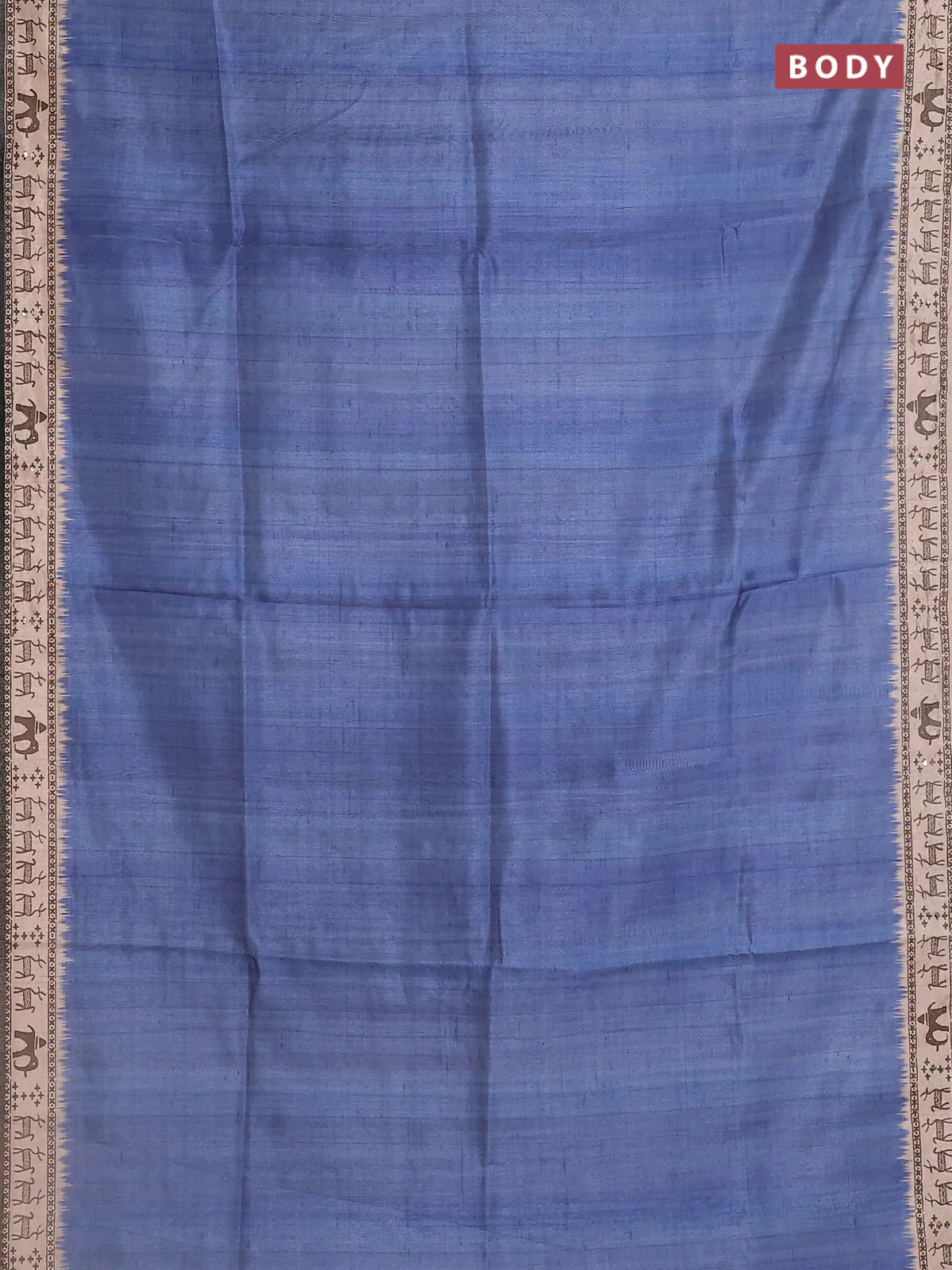 Semi tussar saree blue shade and beige with plain body and warli prints kantha stitch work border - Image 2