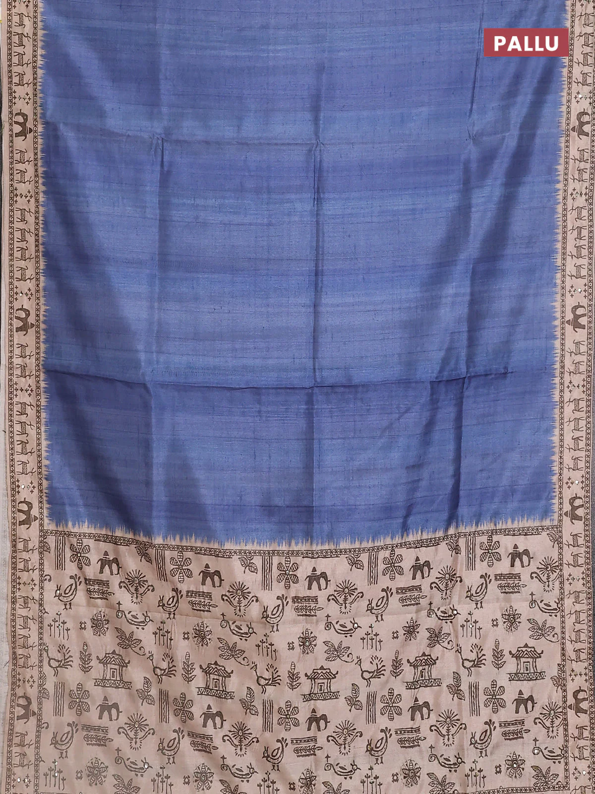 Semi tussar saree blue shade and beige with plain body and warli prints kantha stitch work border - Image 3