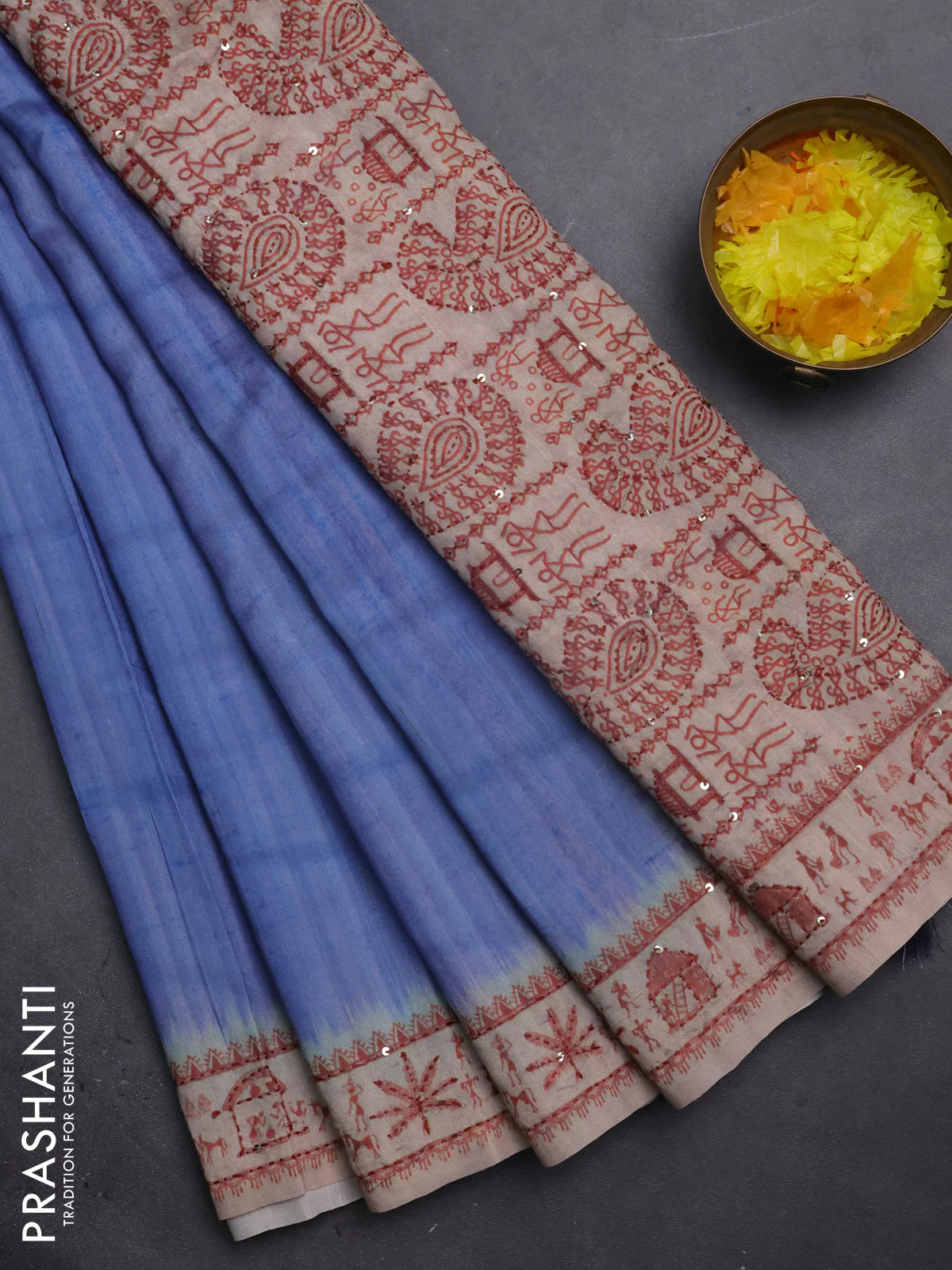 Semi tussar saree blue shade and beige with plain body and warli prints kantha stitch work border
