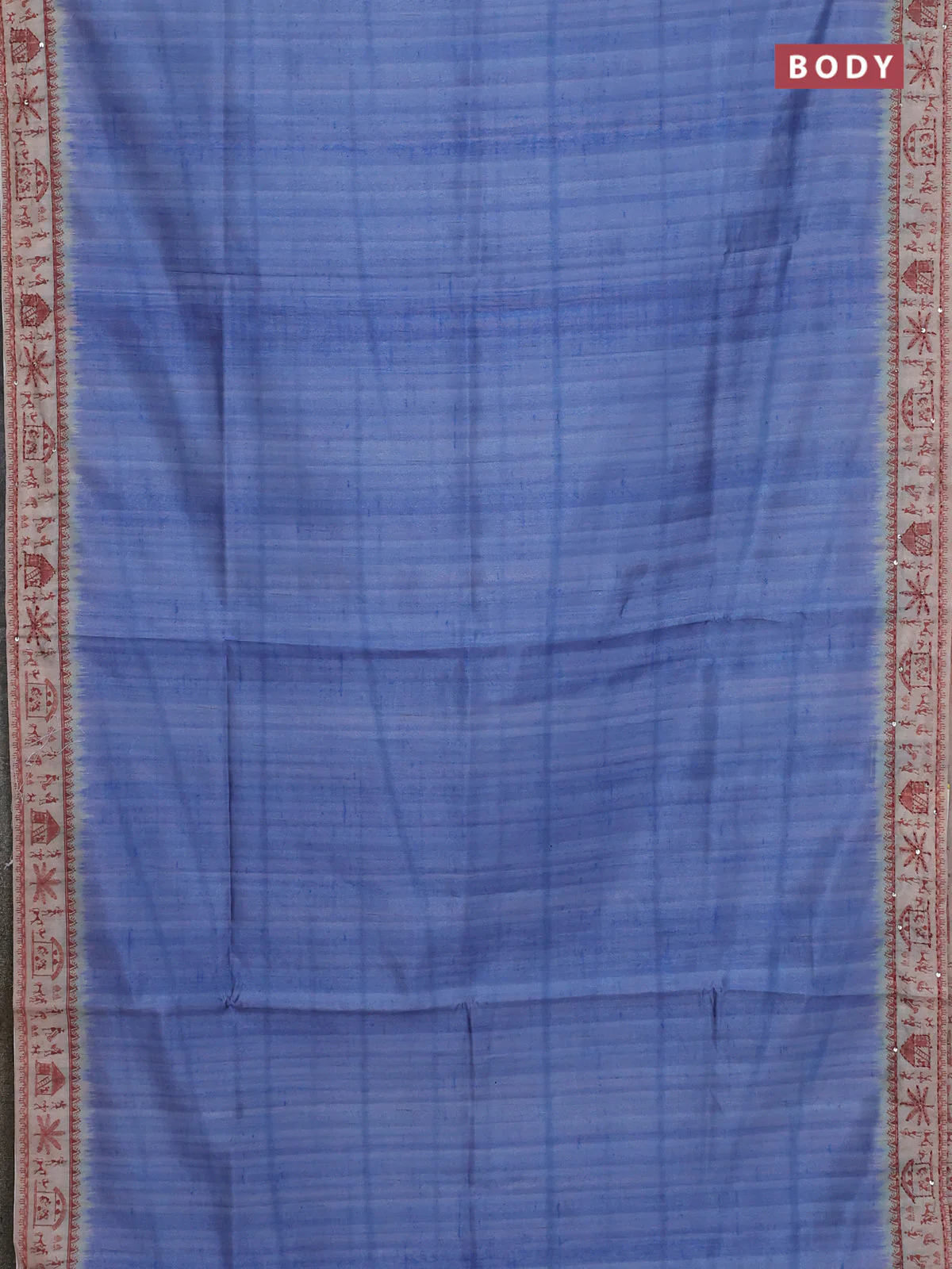 Semi tussar saree blue shade and beige with plain body and warli prints kantha stitch work border - Image 2
