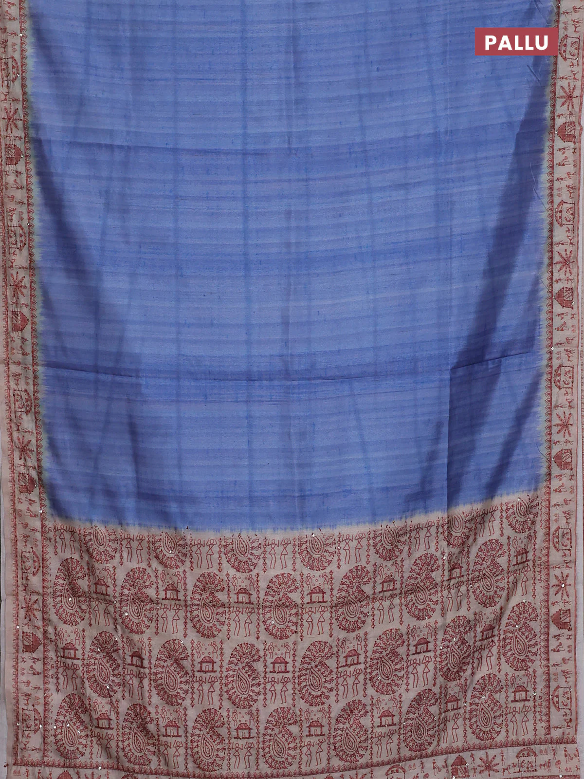 Semi tussar saree blue shade and beige with plain body and warli prints kantha stitch work border - Image 3