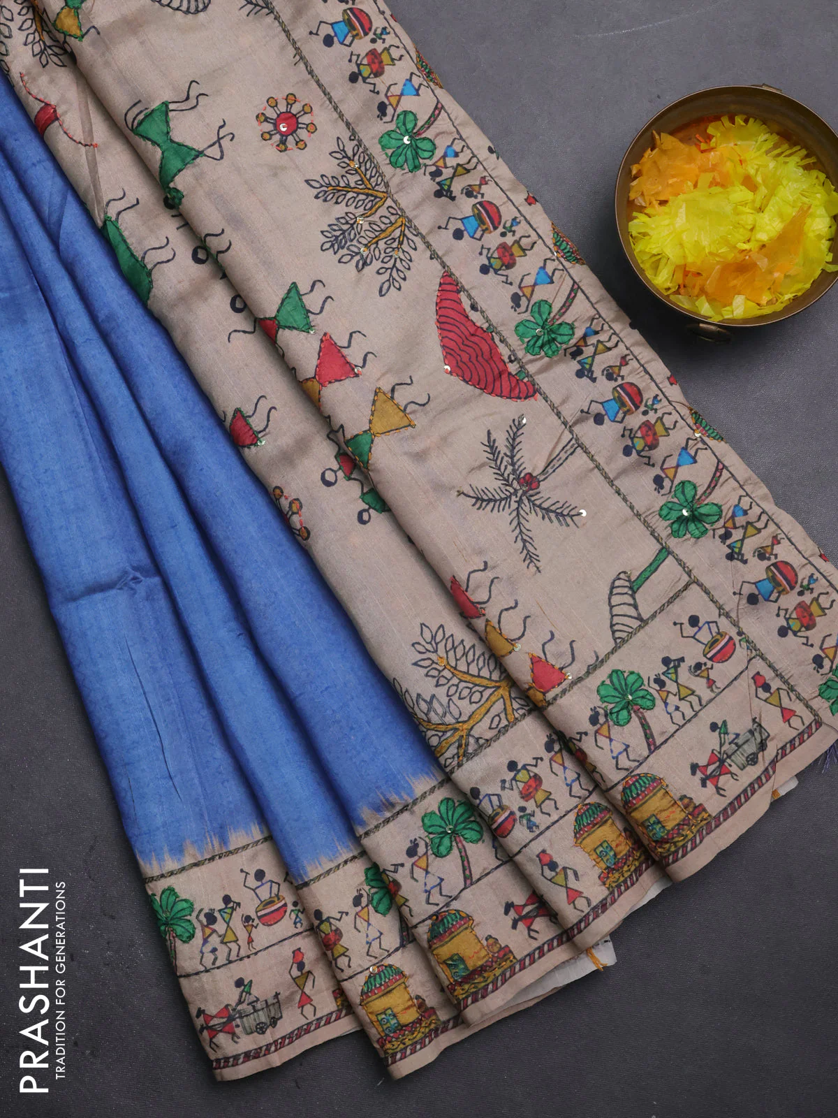 Semi tussar saree blue shade and beige with plain body and warli prints kantha stitch work border