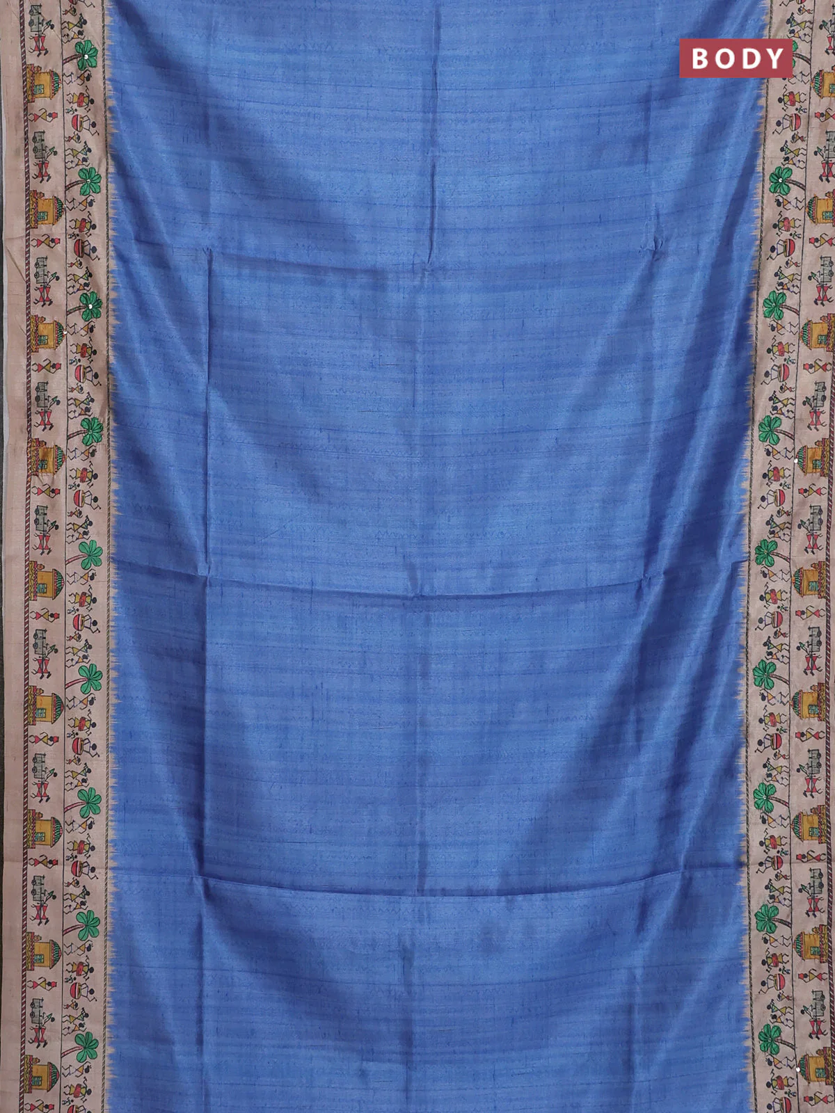 Semi tussar saree blue shade and beige with plain body and warli prints kantha stitch work border - Image 2