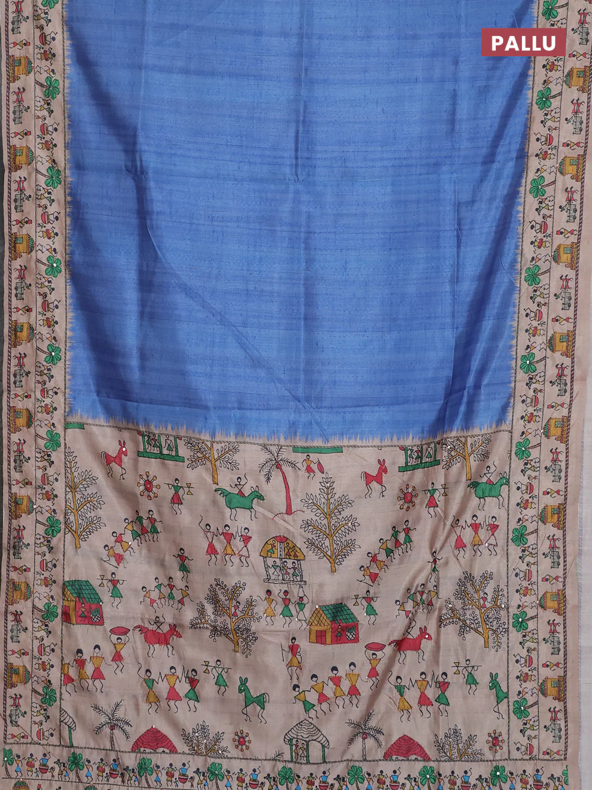 Semi tussar saree blue shade and beige with plain body and warli prints kantha stitch work border - Image 3