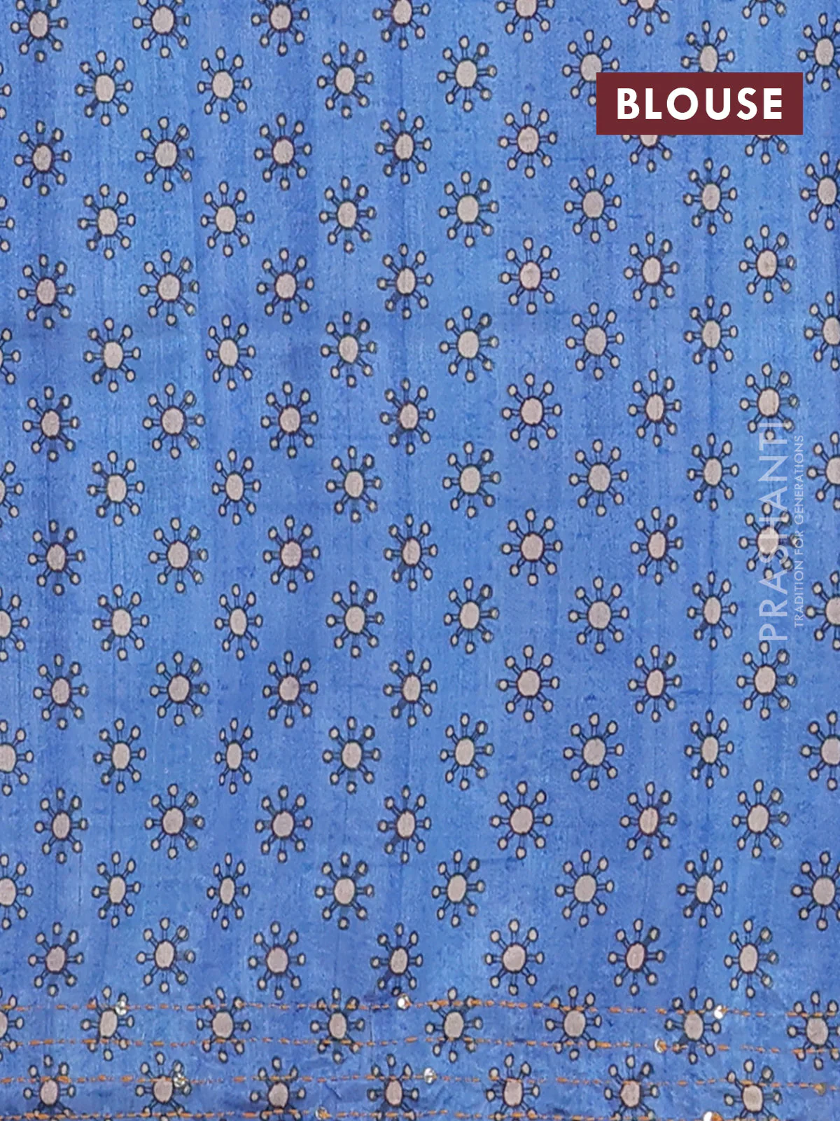 Semi tussar saree blue shade and beige with plain body and warli prints kantha stitch work border - Image 4