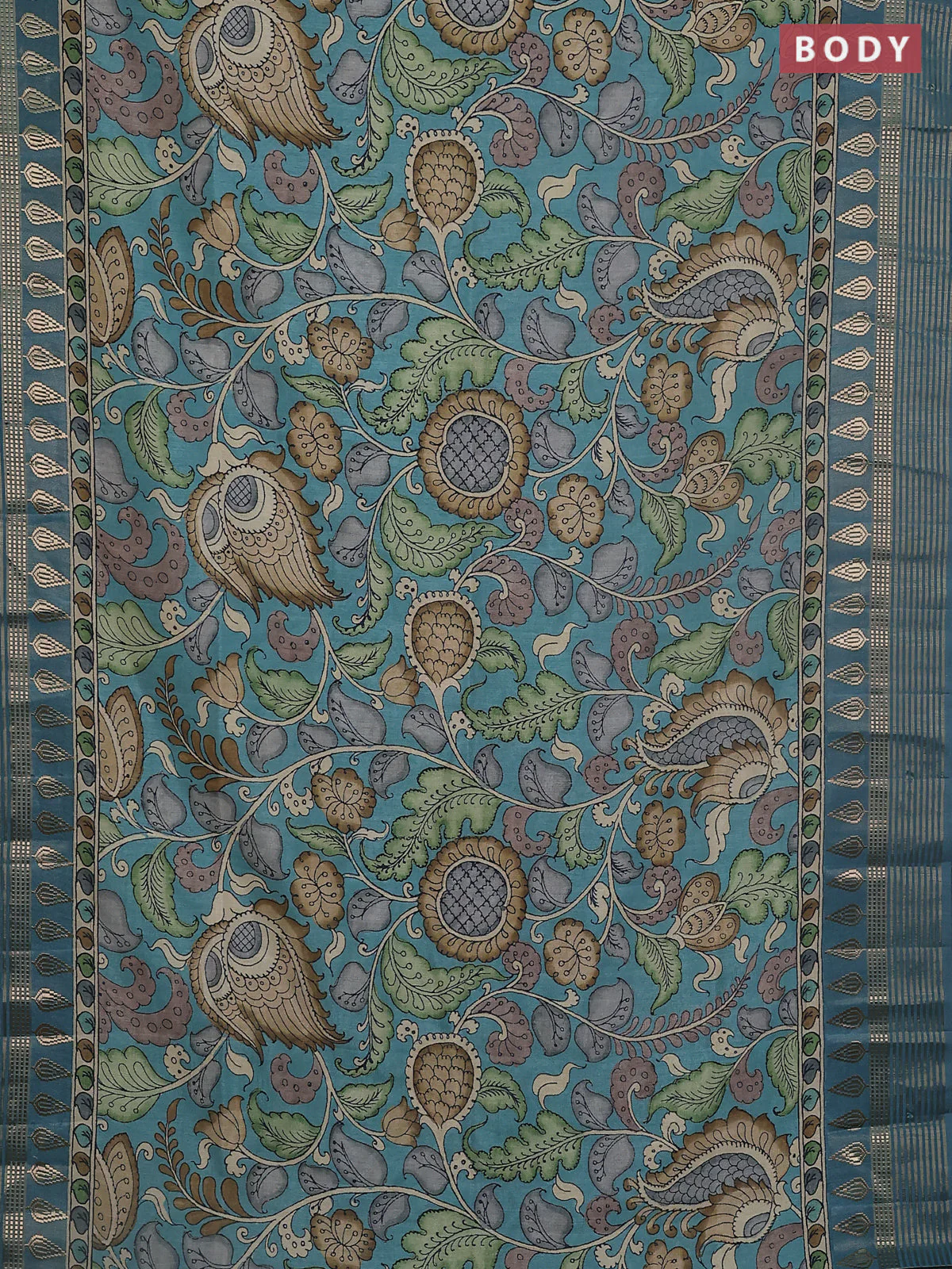 Semi tussar saree blue shade and cream with allover kalamkari prints and zari woven border - Image 2