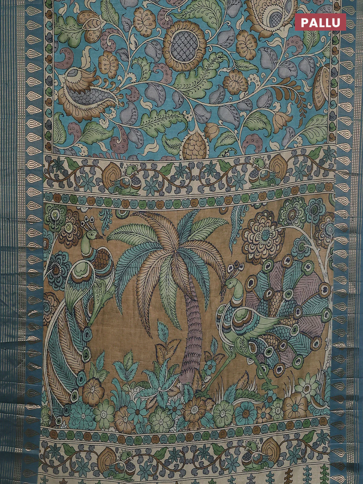 Semi tussar saree blue shade and cream with allover kalamkari prints and zari woven border - Image 3