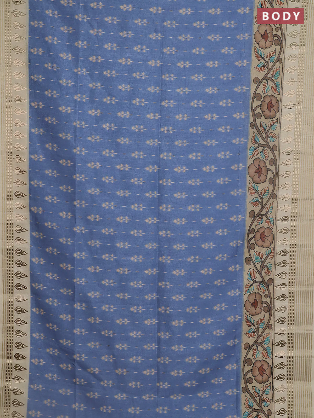 Semi tussar saree blue shade and cream with ikat butta prints and zari woven border - Image 2