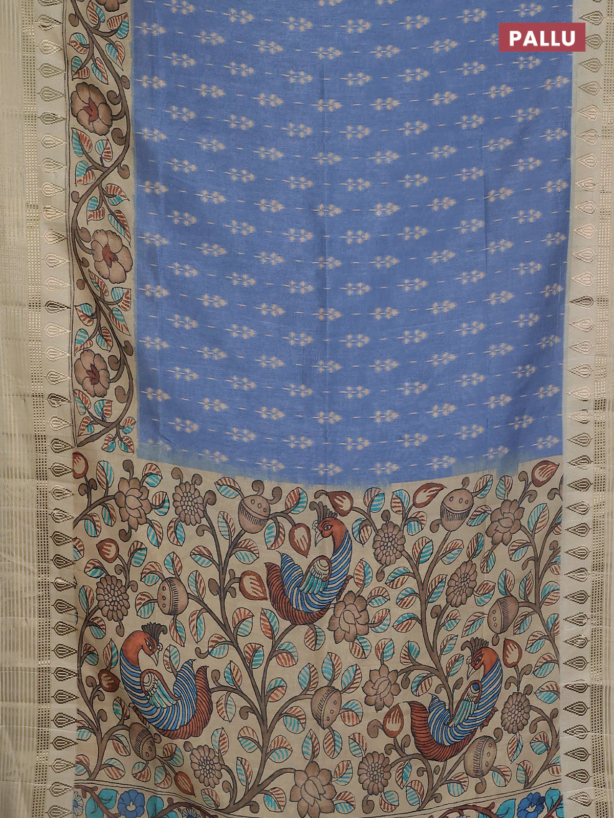 Semi tussar saree blue shade and cream with ikat butta prints and zari woven border - Image 3