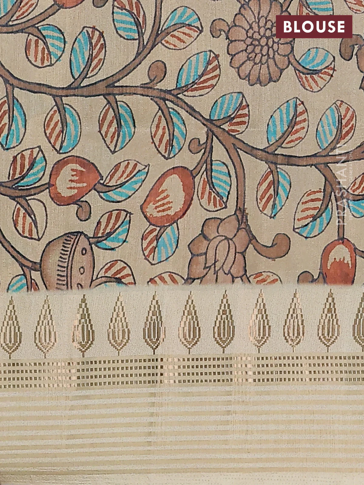 Semi tussar saree blue shade and cream with ikat butta prints and zari woven border - Image 4