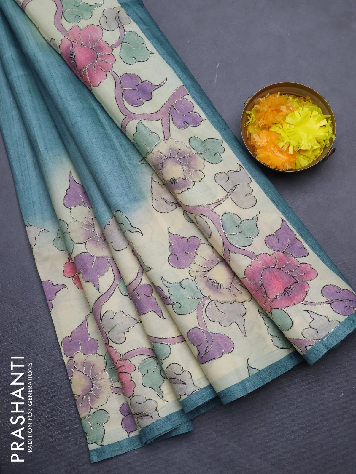 Semi tussar saree blue shade and cream with plain body and kalamkari prints & pita work border - Image 2