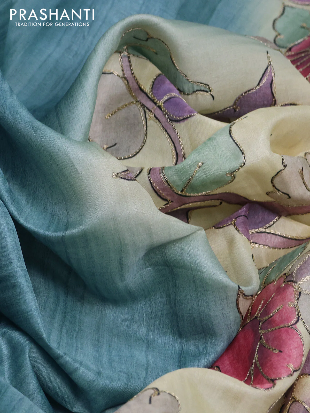 Semi tussar saree blue shade and cream with plain body and kalamkari prints & pita work border - Image 3