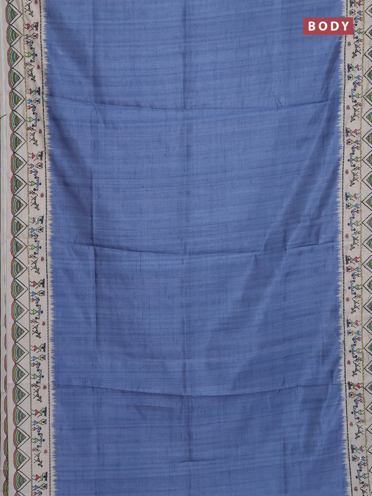 Semi tussar saree blue shade and cream with plain body and warli prints kantha stitch work border - Image 2