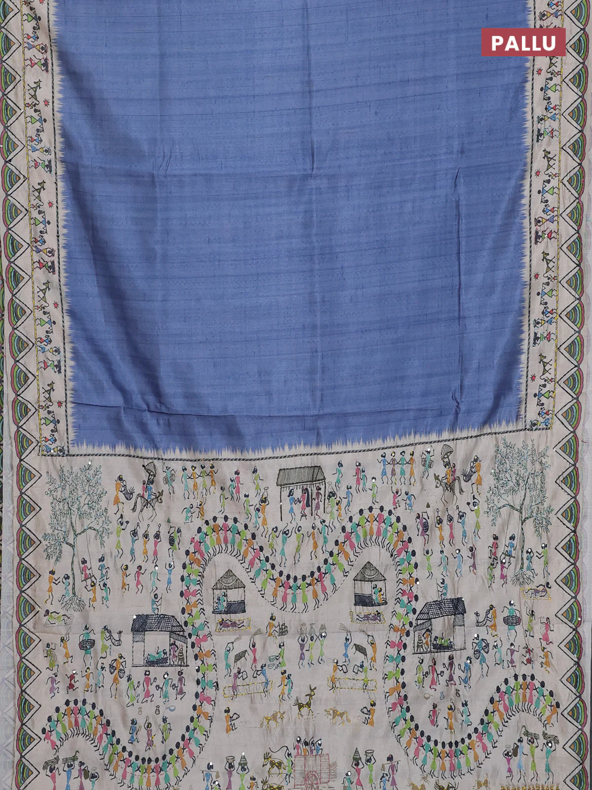 Semi tussar saree blue shade and cream with plain body and warli prints kantha stitch work border - Image 3