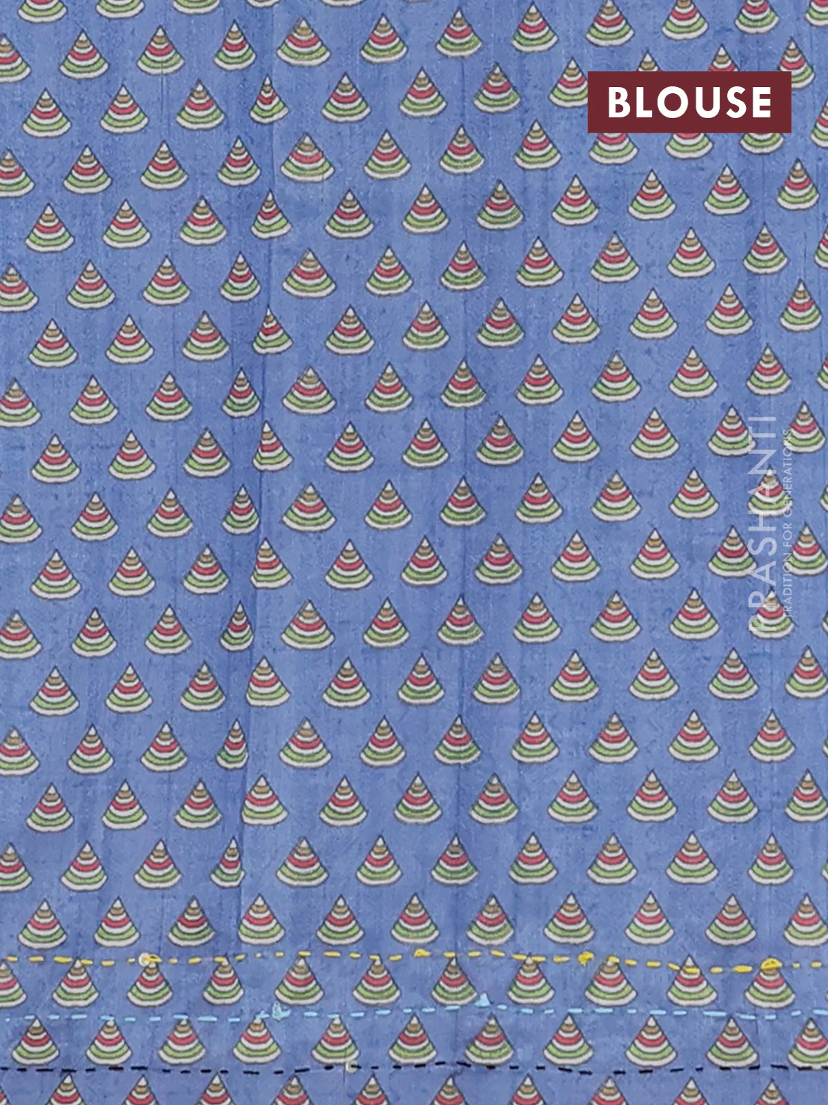 Semi tussar saree blue shade and cream with plain body and warli prints kantha stitch work border - Image 4