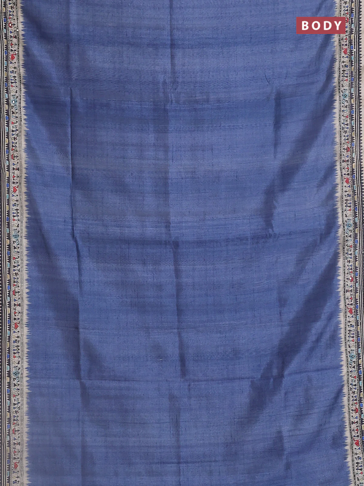 Semi tussar saree blue shade and cream with plain body and warli prints kantha stitch work border - Image 2