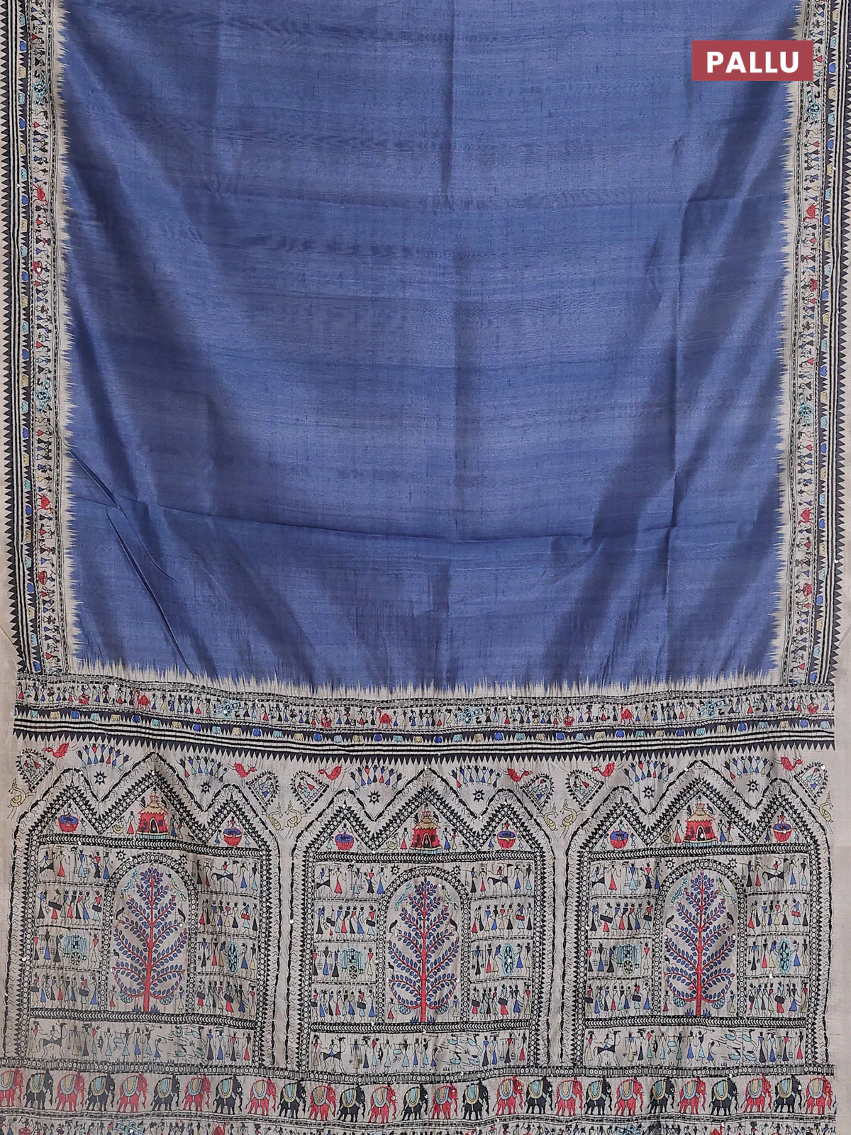 Semi tussar saree blue shade and cream with plain body and warli prints kantha stitch work border - Image 3