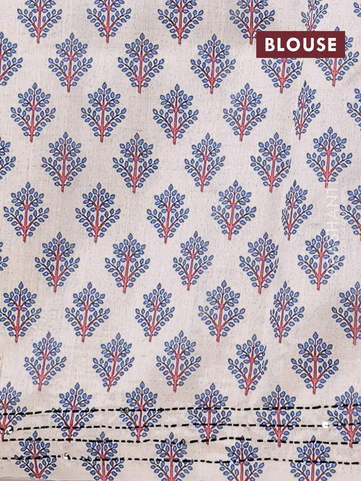 Semi tussar saree blue shade and cream with plain body and warli prints kantha stitch work border - Image 4