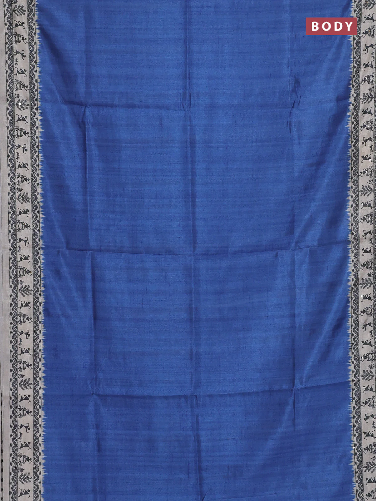 Semi tussar saree blue shade and cream with plain body and warli prints kantha stitch work border - Image 2