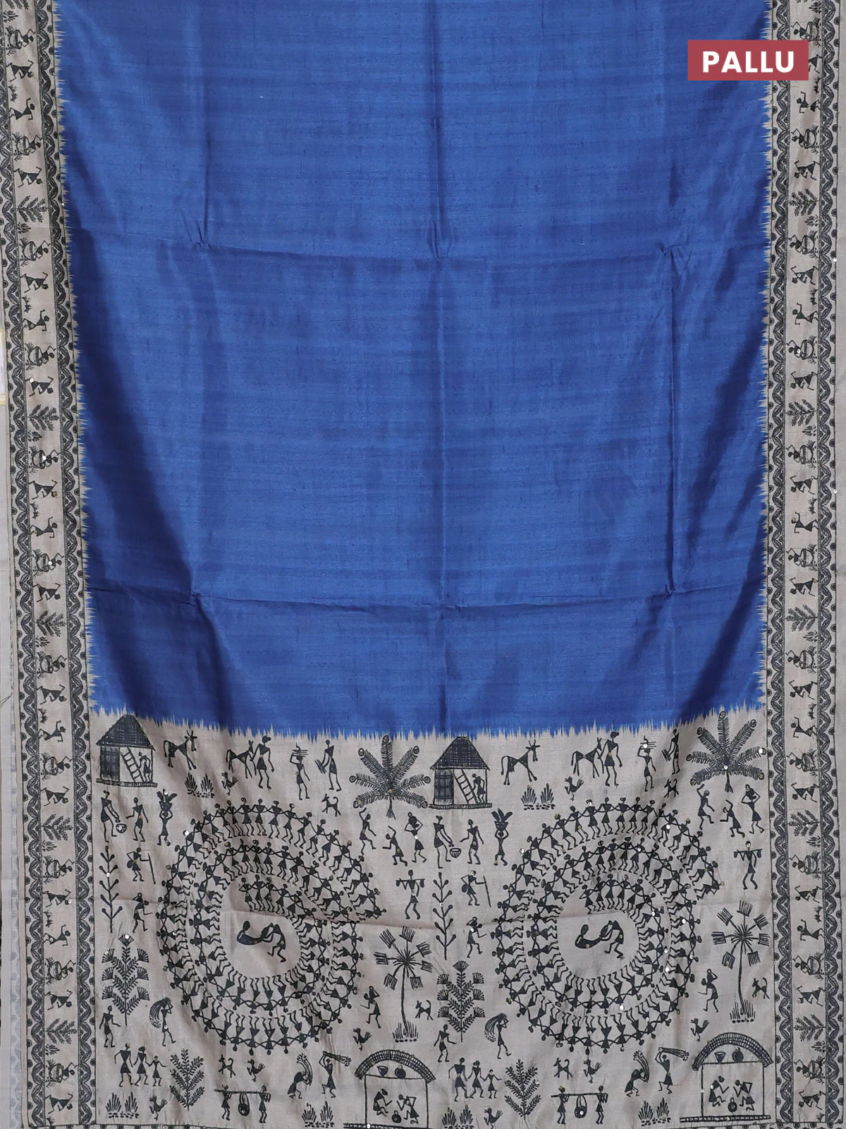 Semi tussar saree blue shade and cream with plain body and warli prints kantha stitch work border - Image 3
