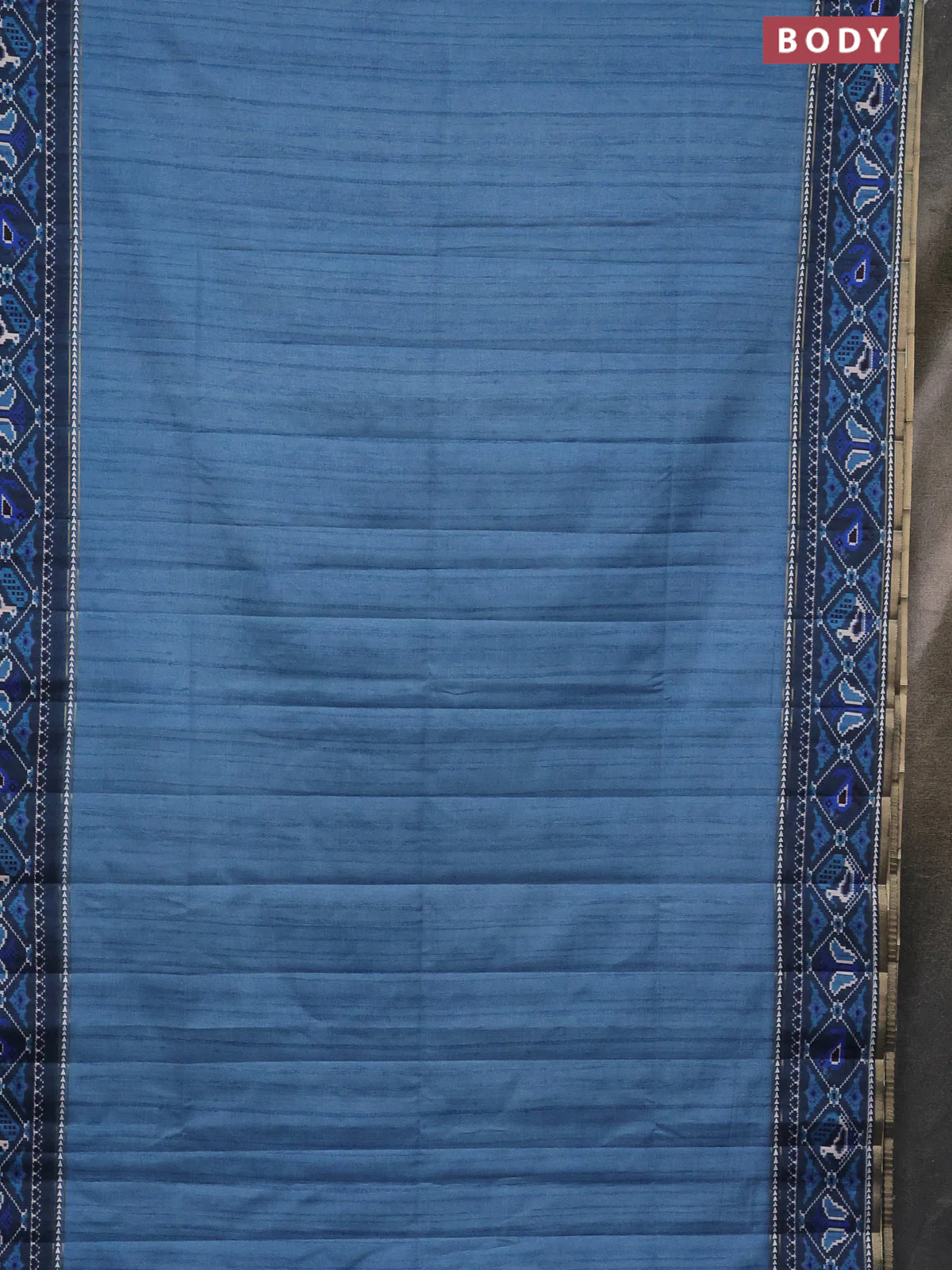 Semi tussar saree blue shade and peacock blue with plain body and patola printed border - Image 2