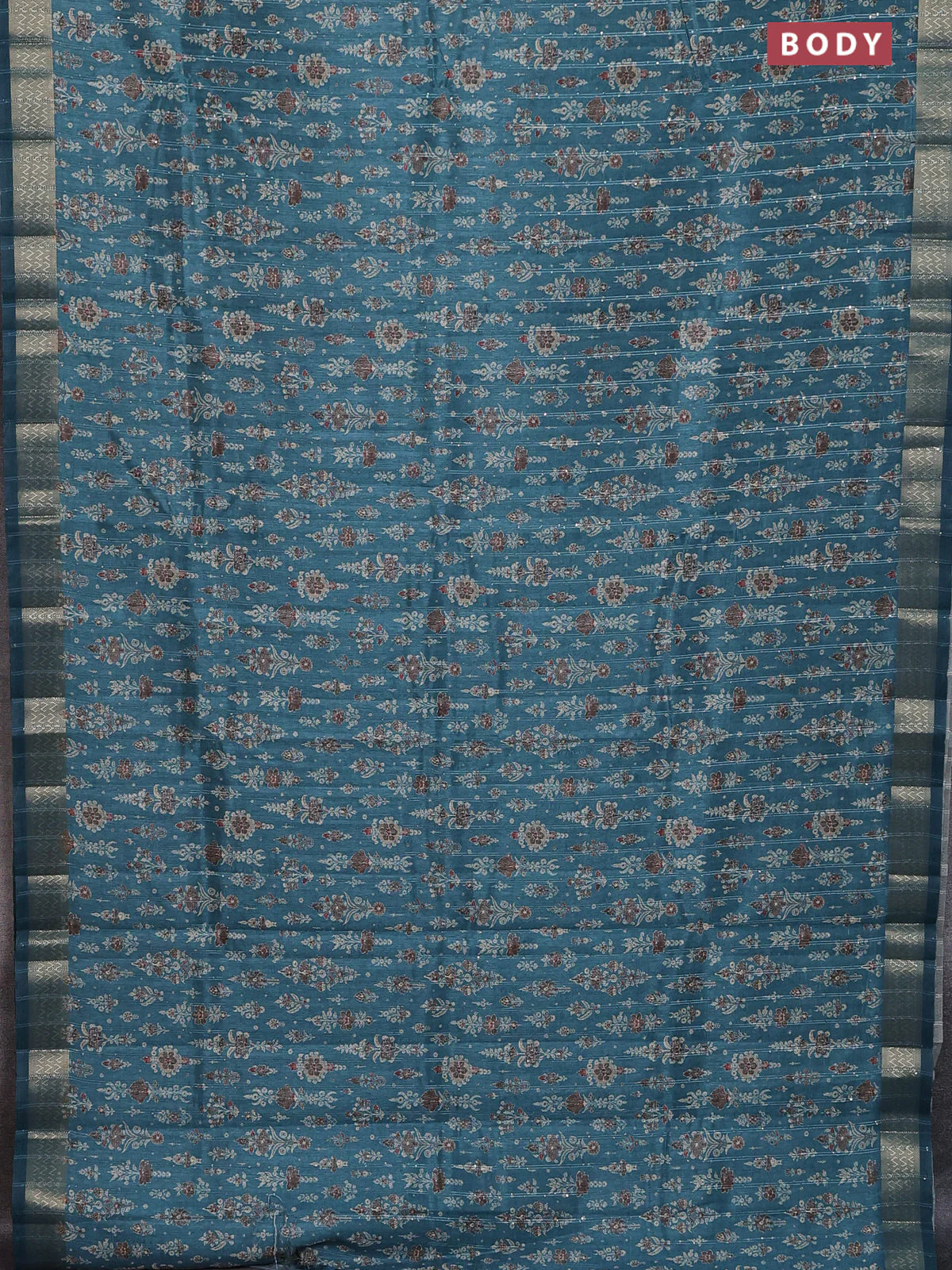 Semi tussar saree blue shade with allover prints & sequin work and zari woven border - Image 2