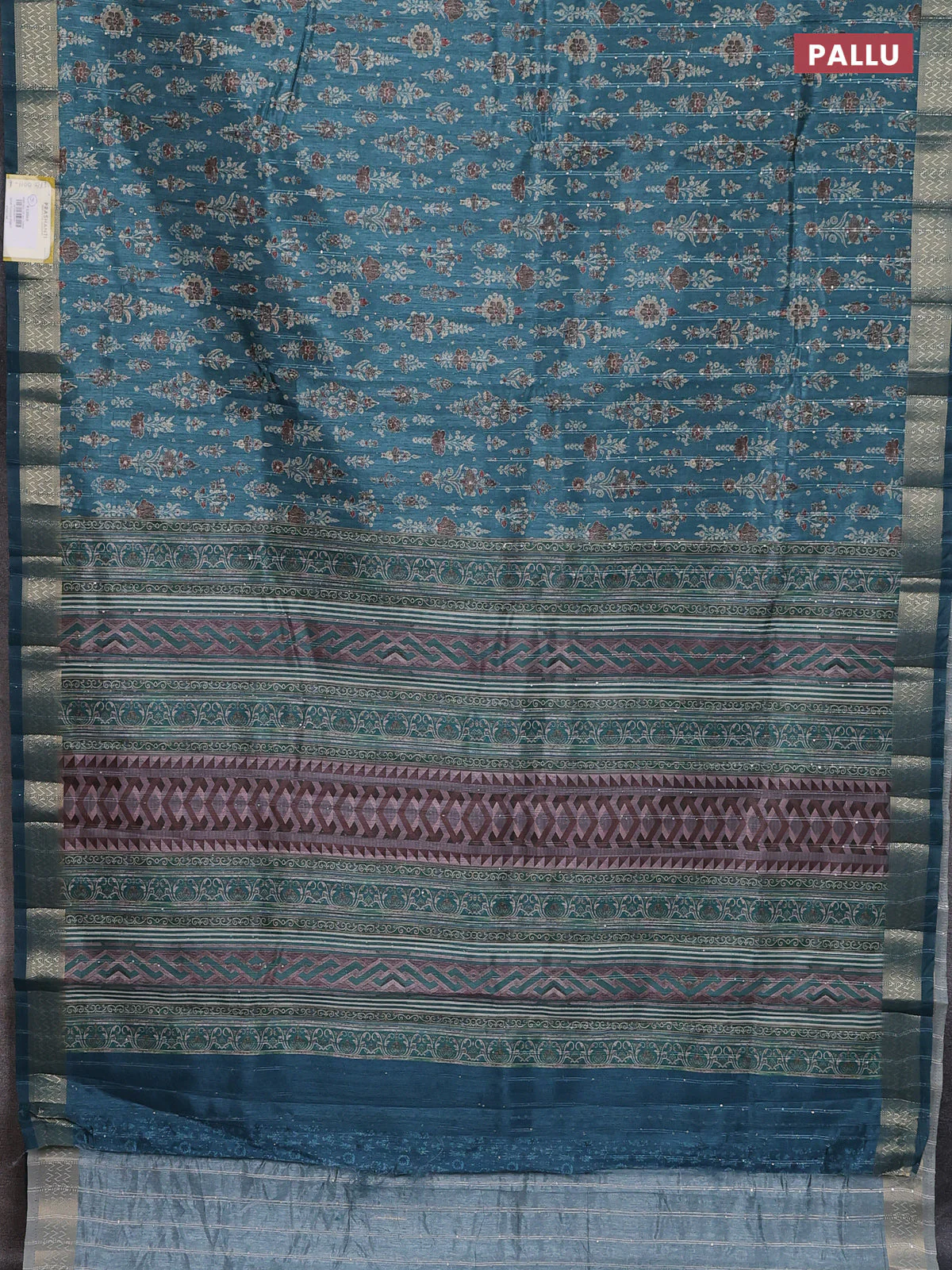Semi tussar saree blue shade with allover prints & sequin work and zari woven border - Image 3