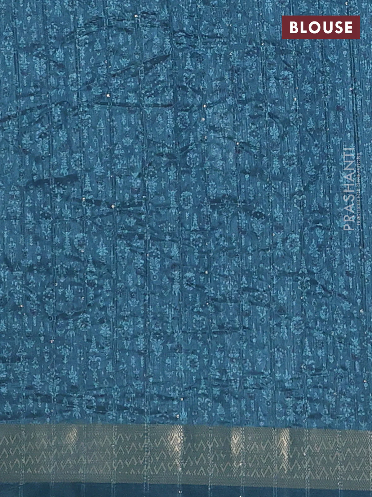 Semi tussar saree blue shade with allover prints & sequin work and zari woven border - Image 4