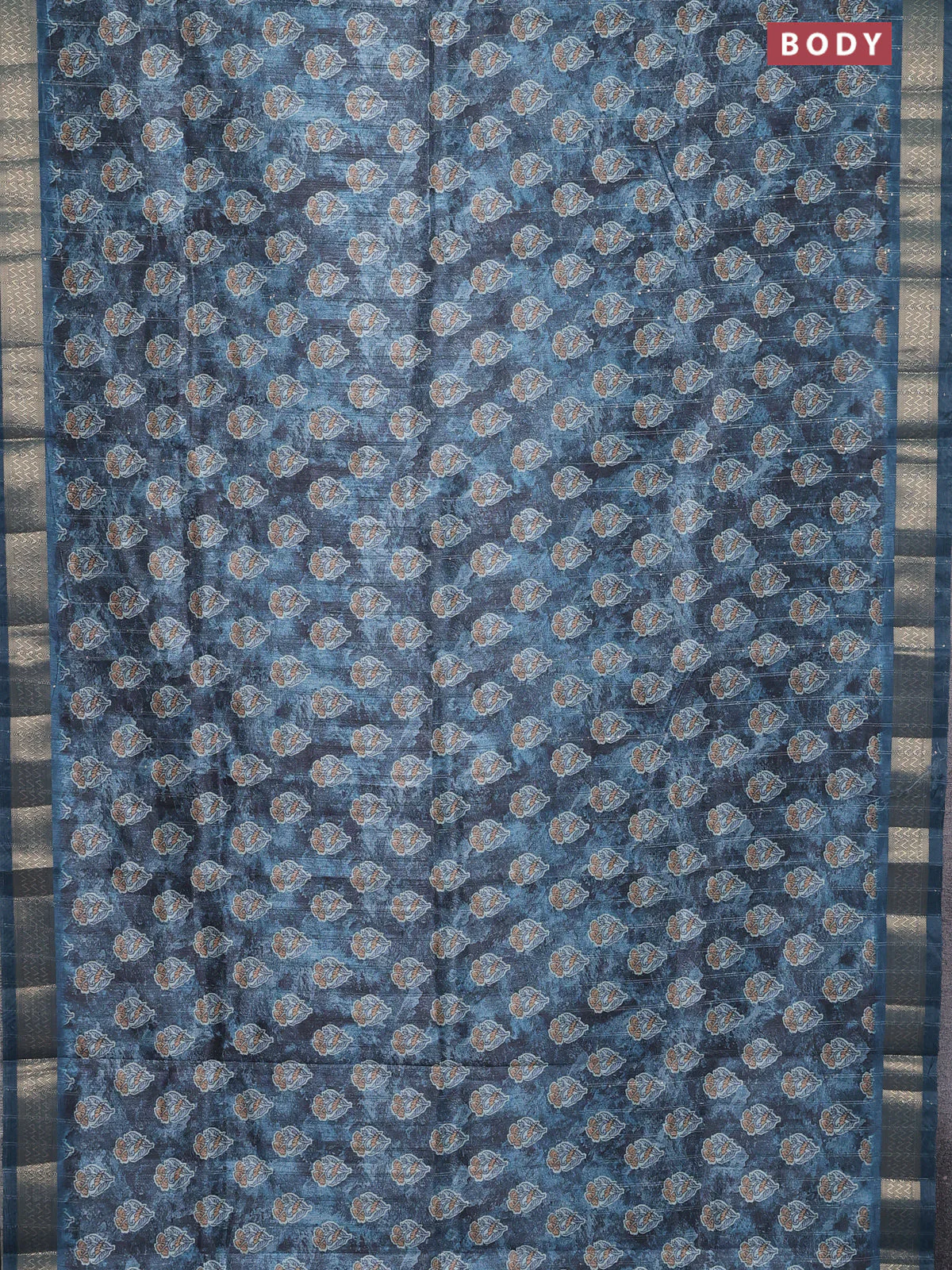 Semi tussar saree blue shade with floral butta prints & sequin work and zari woven border - Image 2