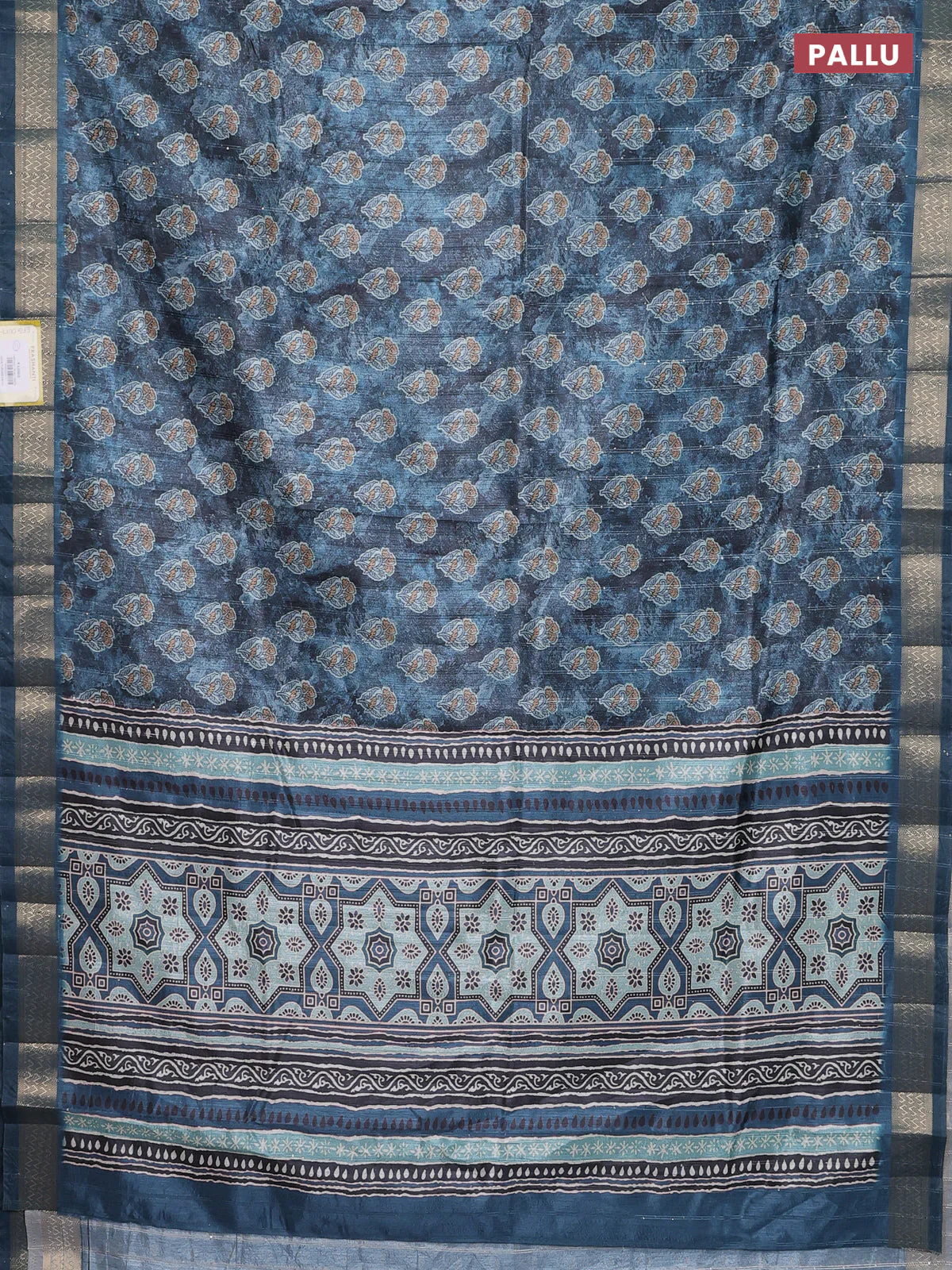 Semi tussar saree blue shade with floral butta prints & sequin work and zari woven border - Image 3