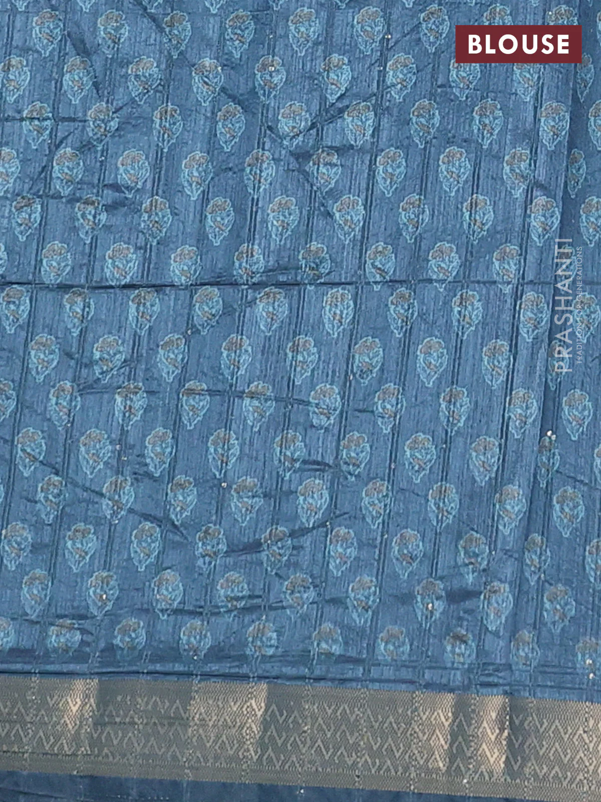 Semi tussar saree blue shade with floral butta prints & sequin work and zari woven border - Image 4