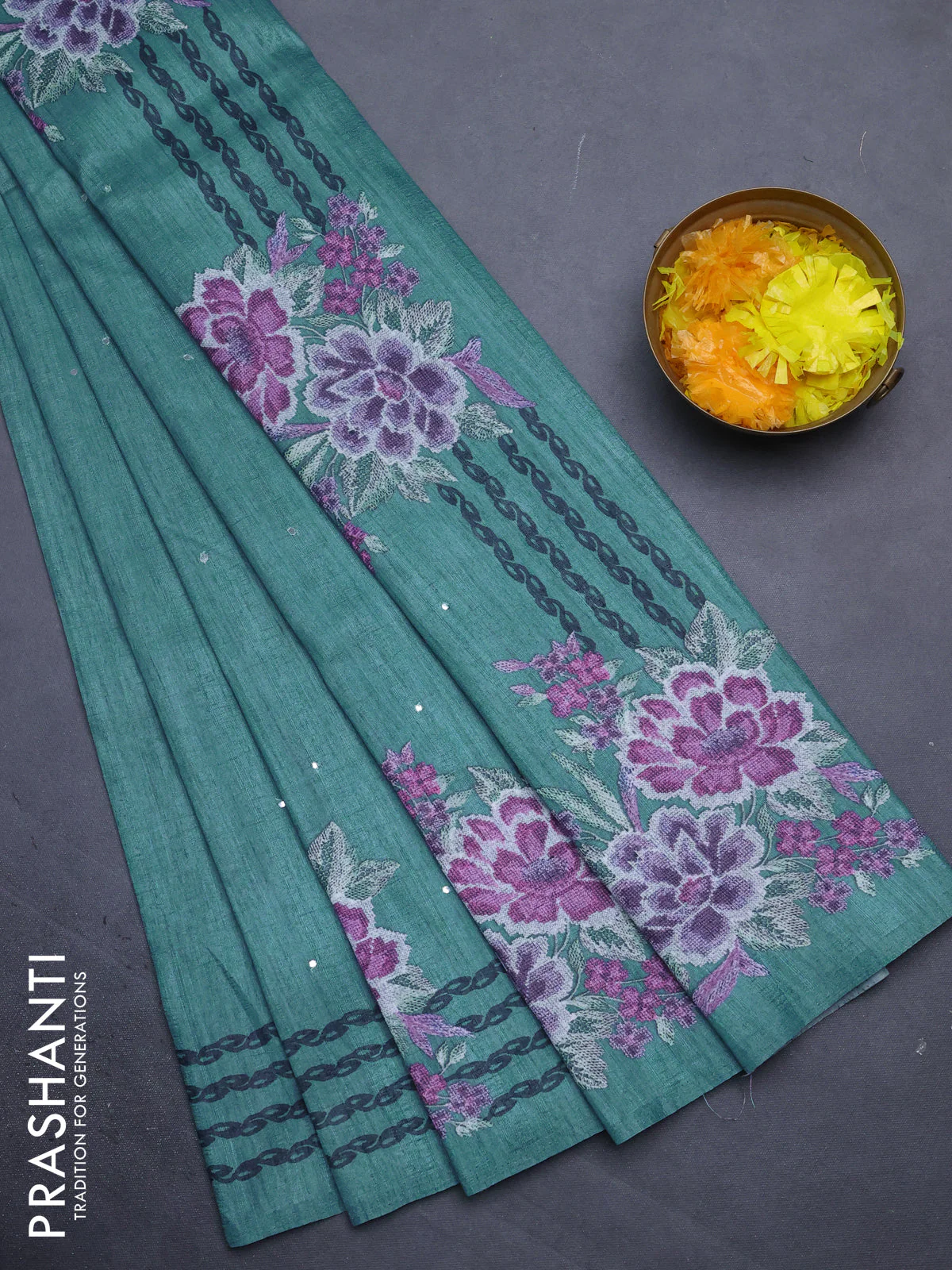 Semi tussar saree blue shade with mirror work and floral printed border - Image 2