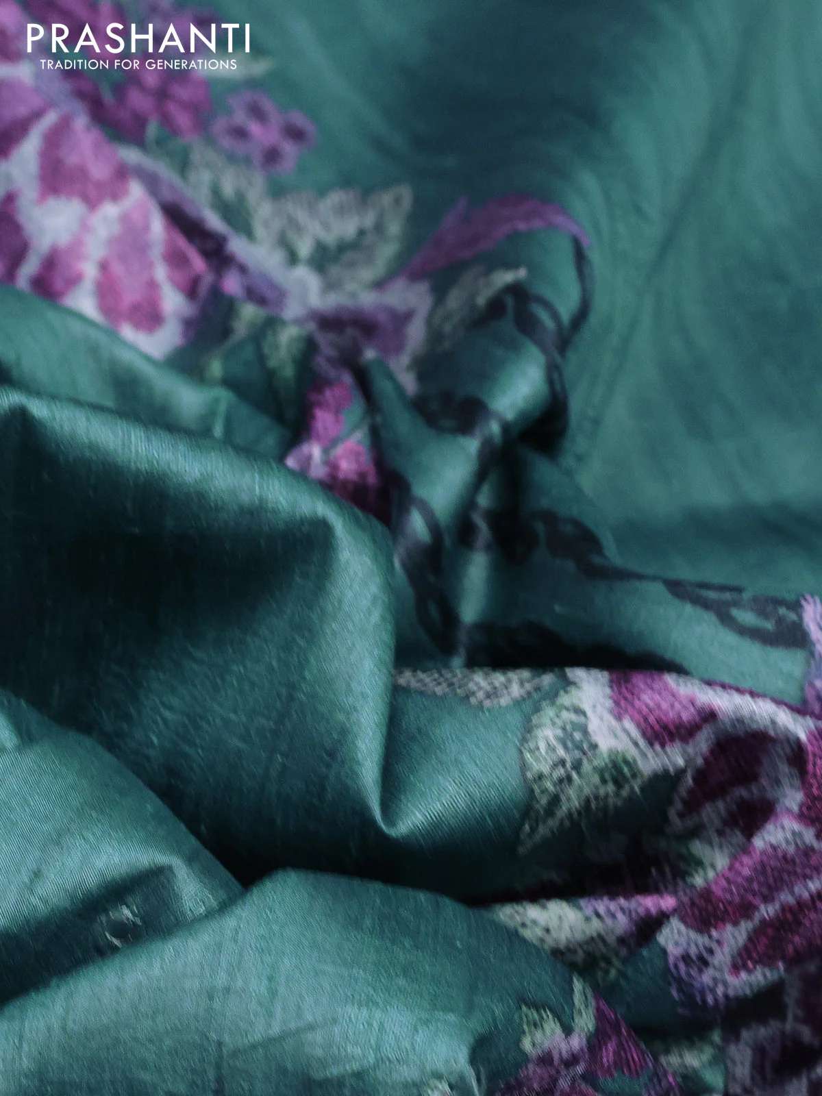 Semi tussar saree blue shade with mirror work and floral printed border - Image 3