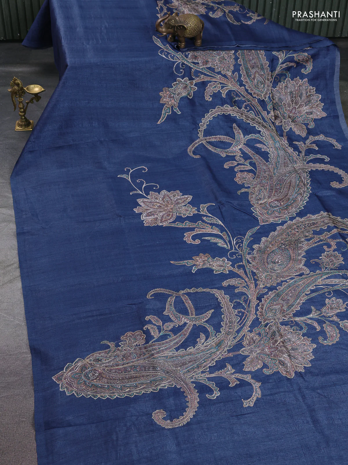 Semi tussar saree bluish grey with embroidery work - Image 2
